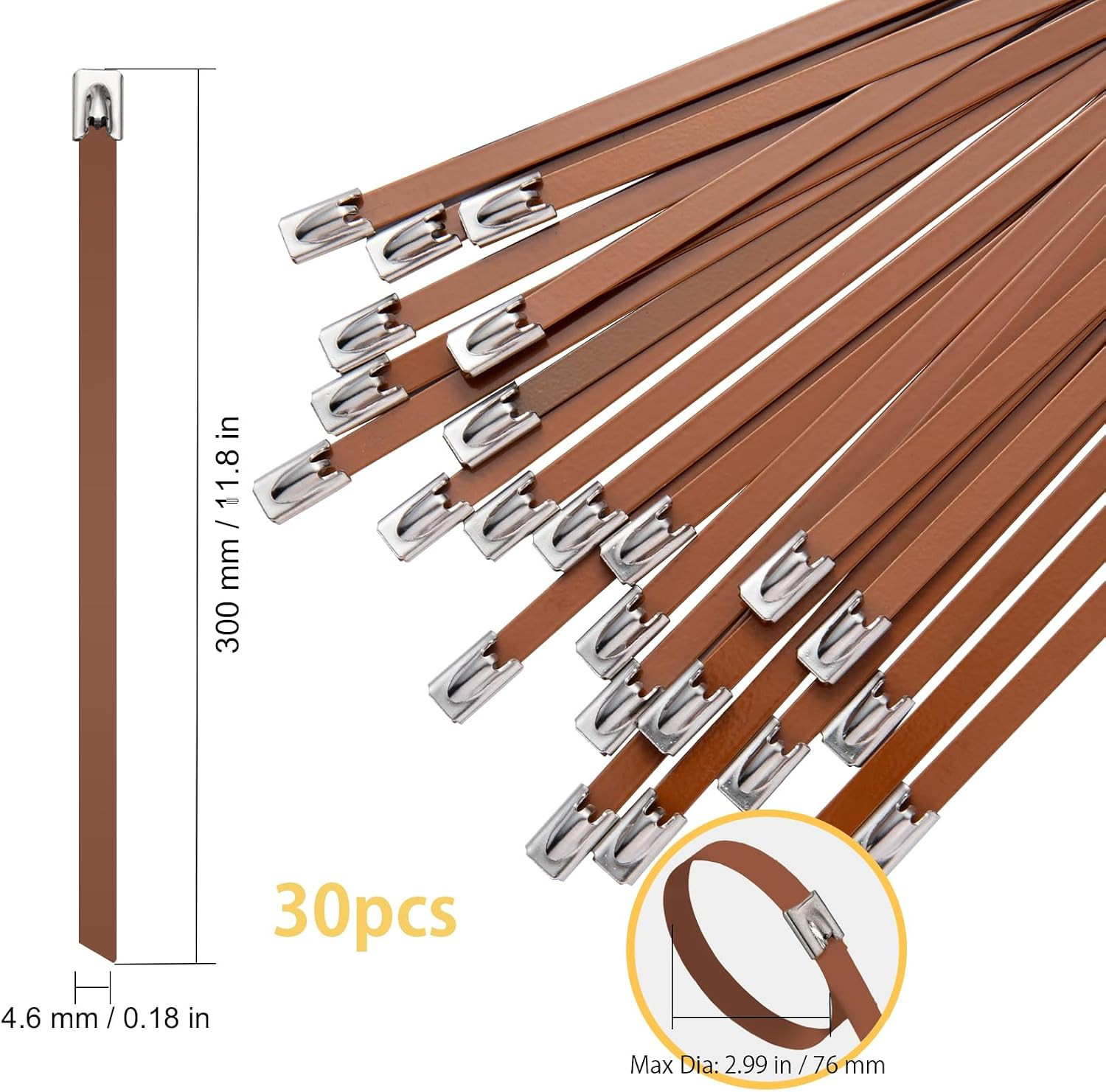Metal Zip Ties Brown 11.8-Inch 304 Stainless Steel Zip Ties Heavy Duty, 270LBS T