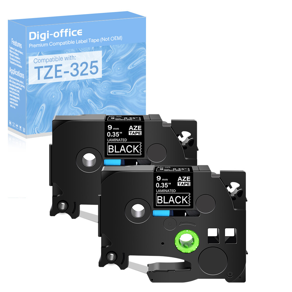 2PK Compatible with Brother PT1010 TZ-325 Tze-325 White on Black Label Tape 9mm