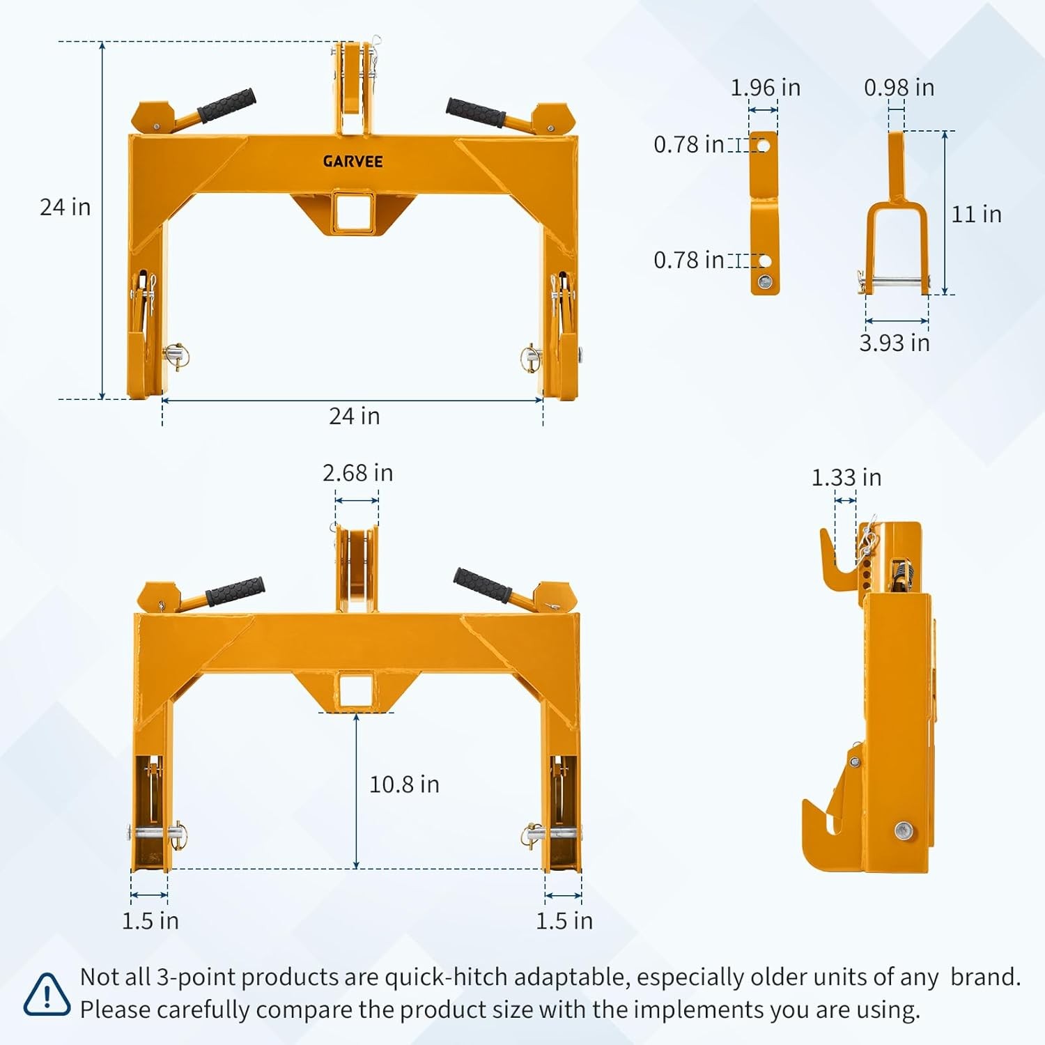Category 1 3 Point Quick Hitch with 2in Receiver 3000lb Adjustable Tractor Hitch