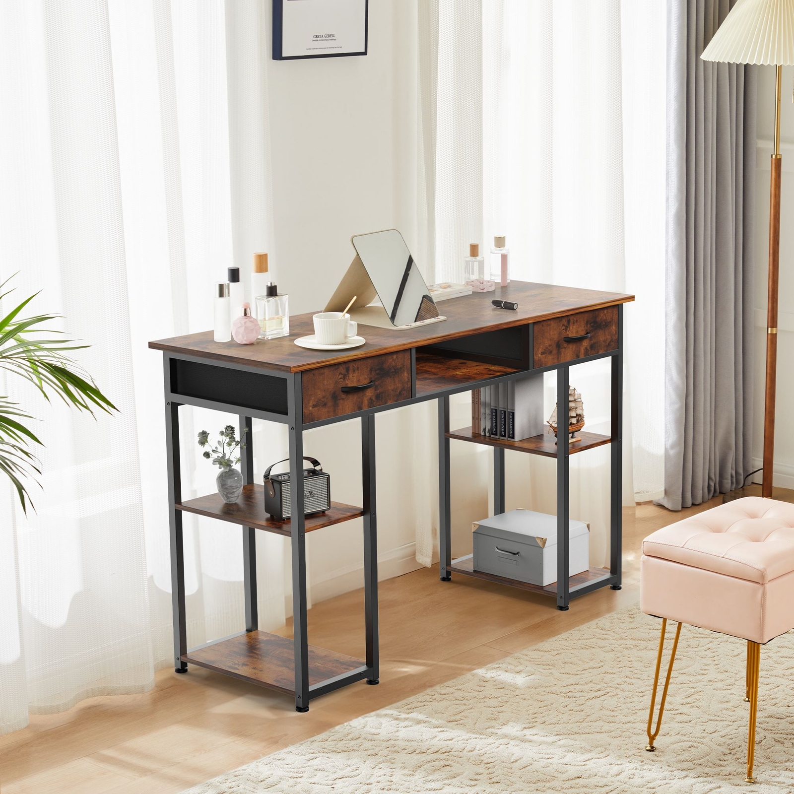 48″ Office Computer Desk,Home Study Table with Storage Shelf & 3 Fabric Drawers
