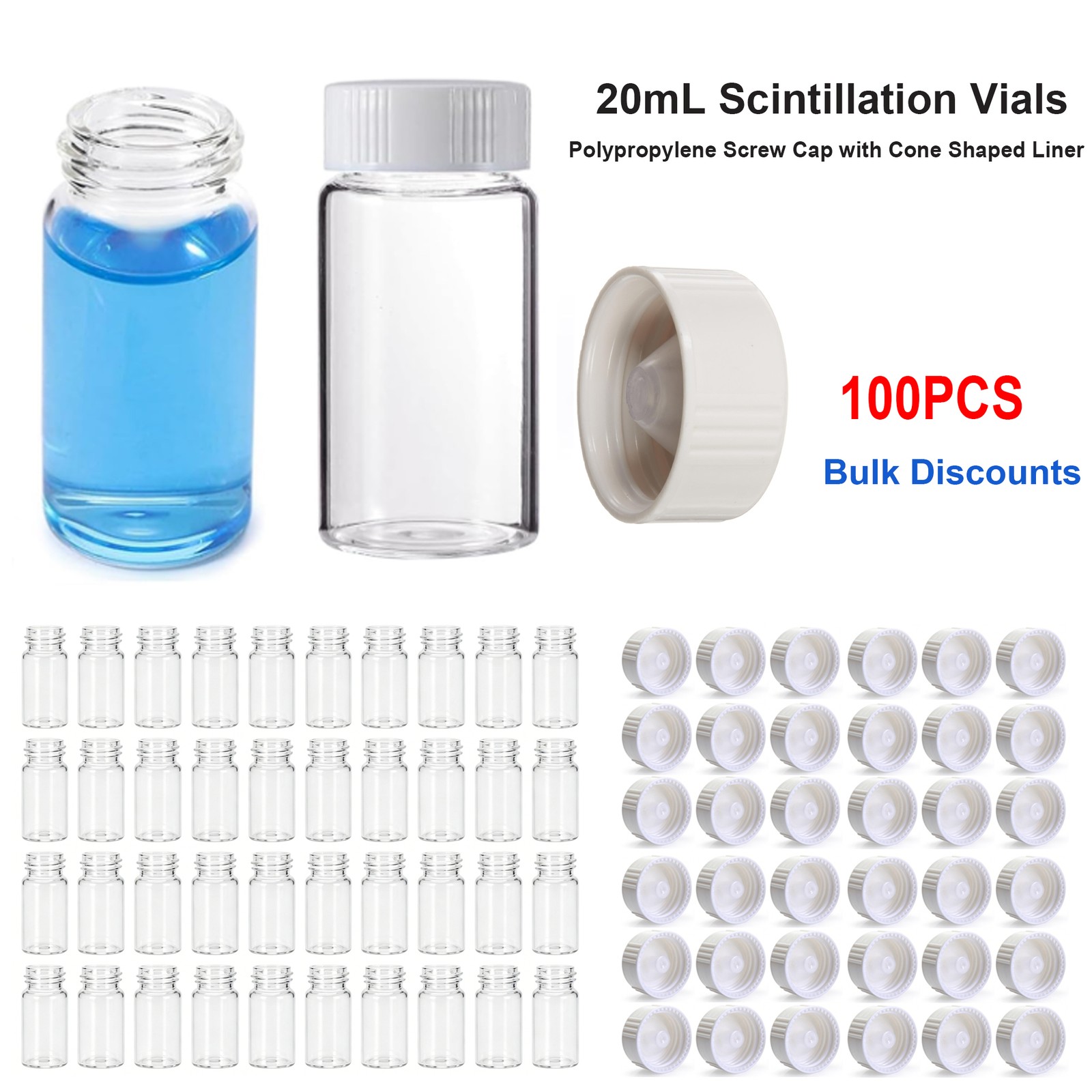 100Pcs 20mL Scintillation Vial Small Bottle Glass Counting Vials Cone Liner