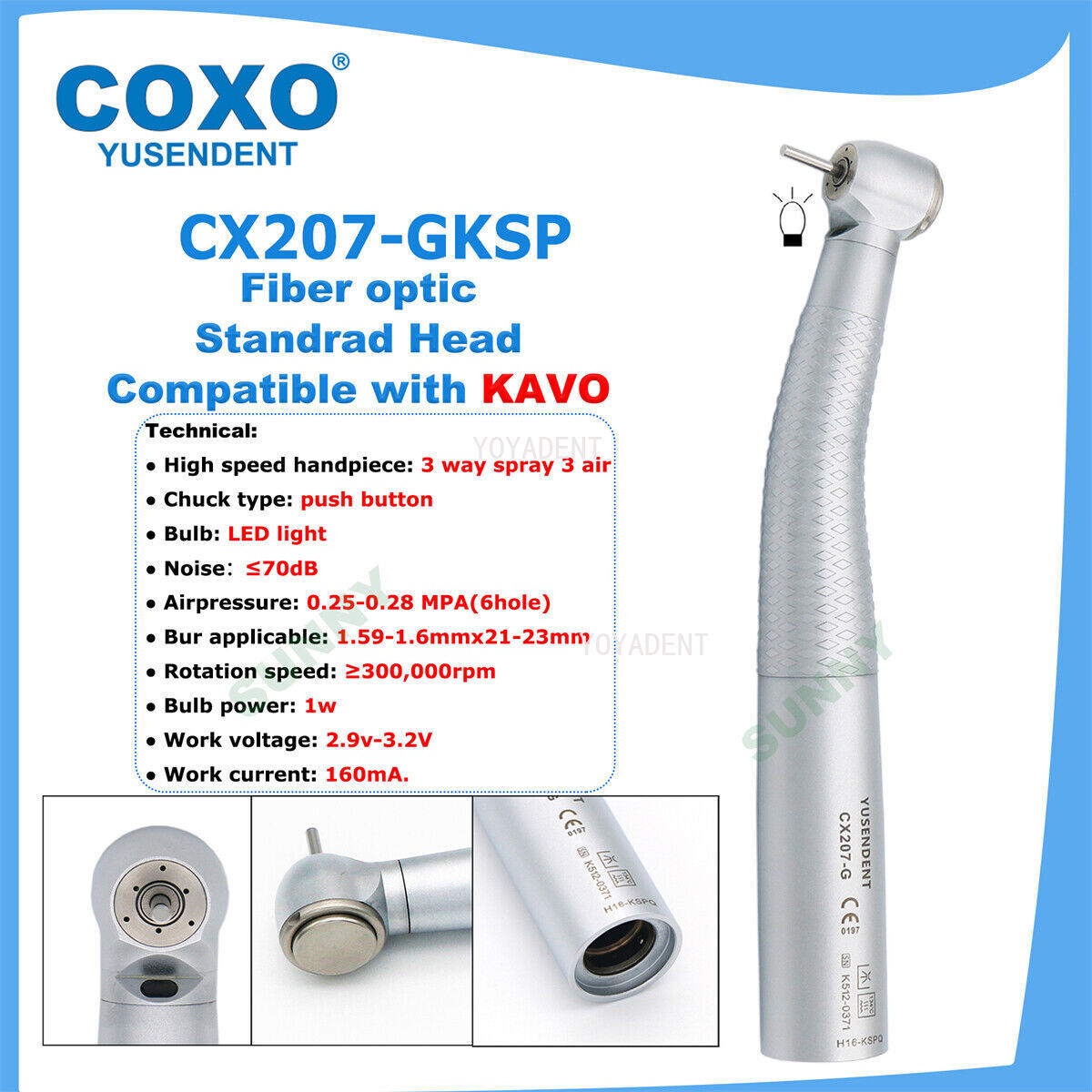 COXO Dental Turbine Fiber Optic High Speed Handpiece LED Coupler 6 Pin Fit KAVO