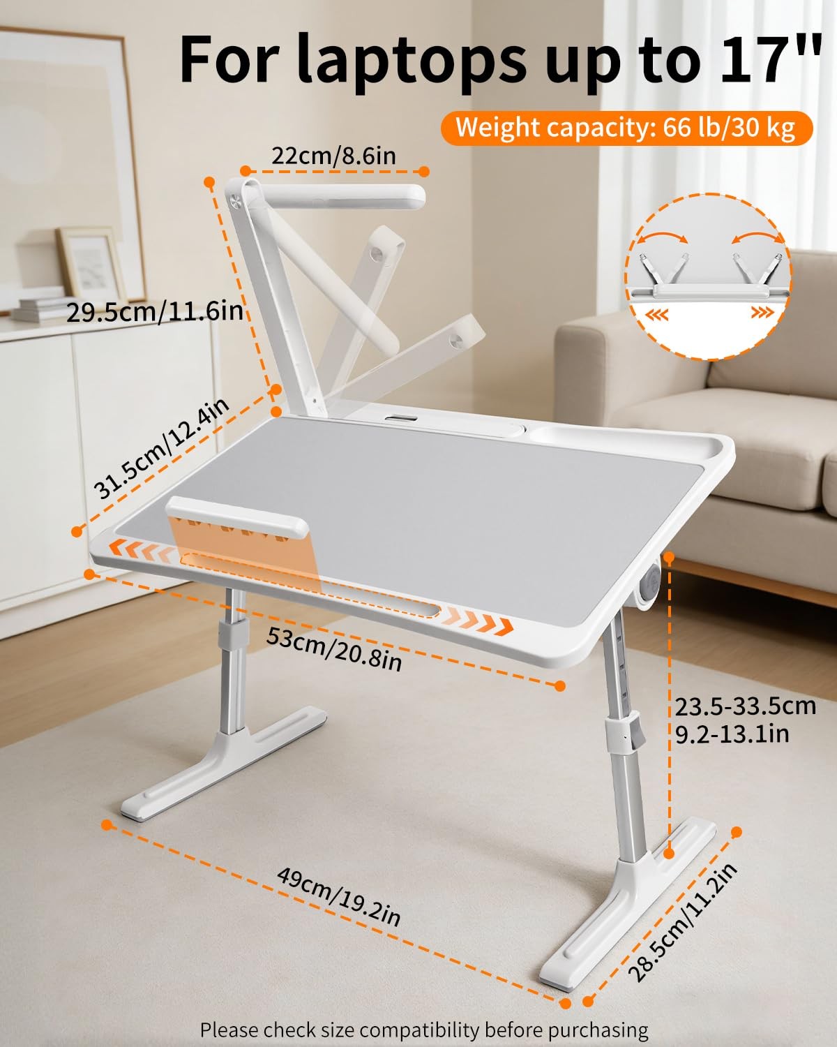 Laptop Desk Bed Table with LED Light,Adjustable Lap lapdesk light, White