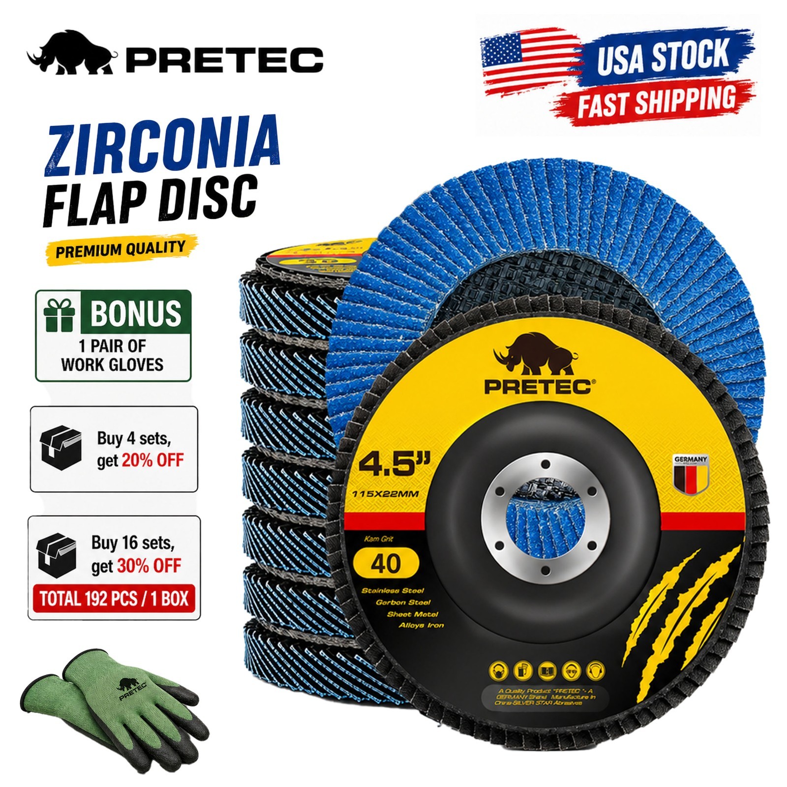 40 Pack 4.5″ x 7/8″ Zirconia Flap Discs 40 Grit T27 for Angle Grinder w/ Gloves