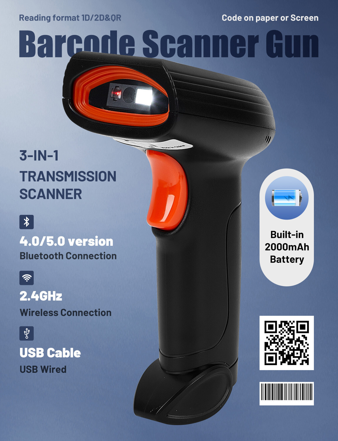 Handhold Wireless Code Scanner Bluetooth USB QR Code Reader for Store Warehouse