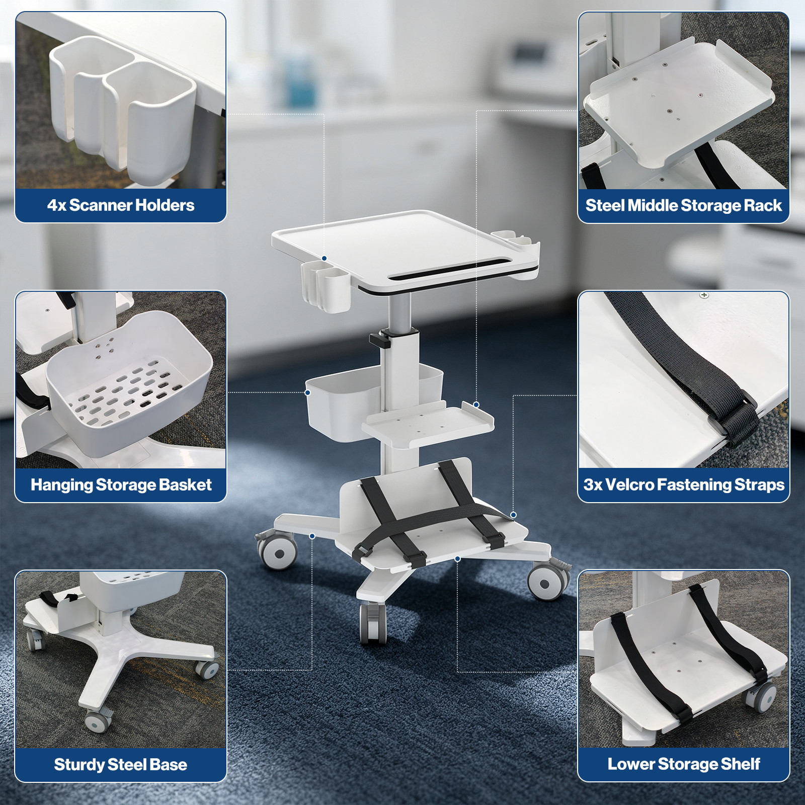 Medical Trolley Cart with Laptop Tray & Oral Scanner Holder, Height Adjustable