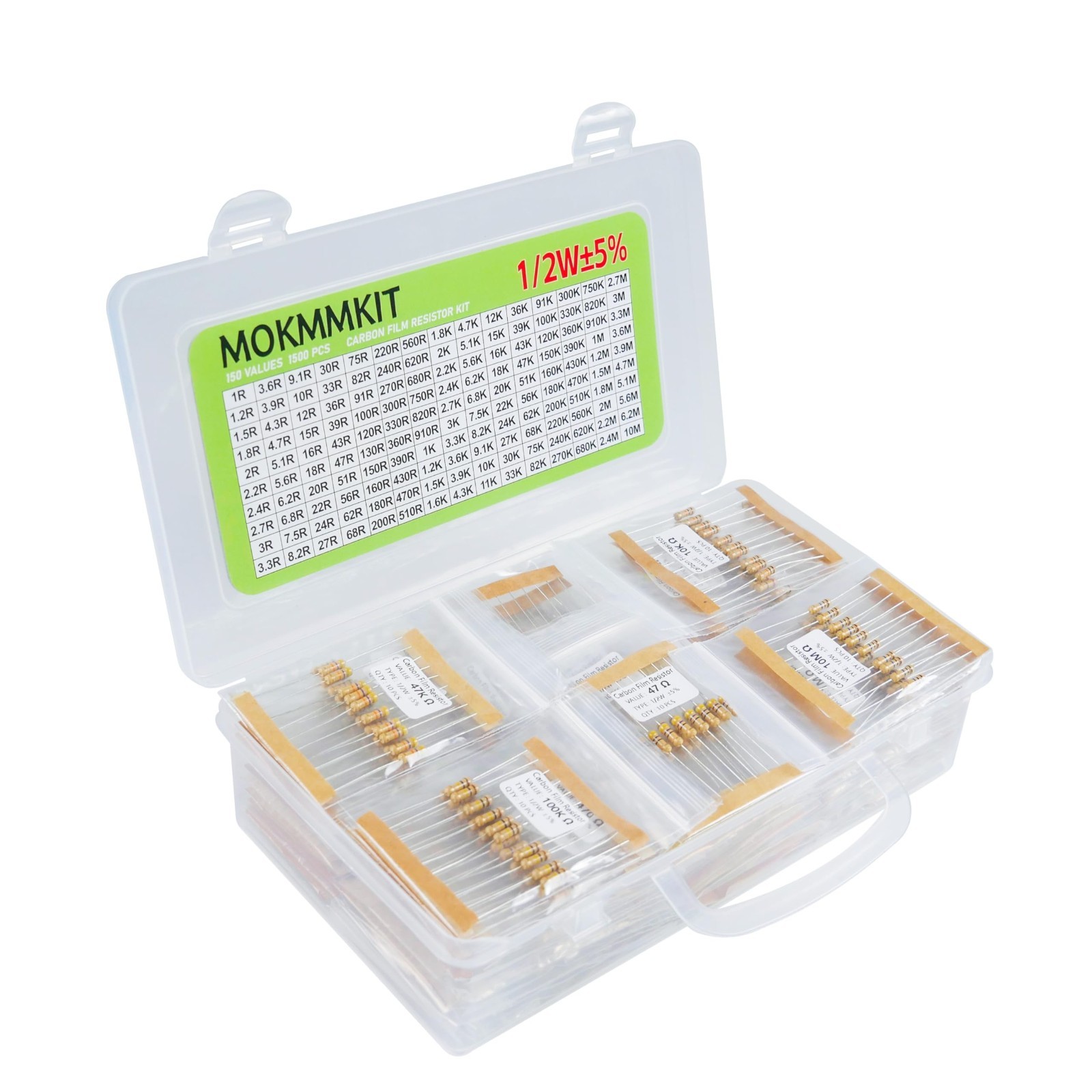 1500-Piece Resistor Kit – 1 Ohm to 10M Ohm, 1/2W 5% Carbon Film Assortment