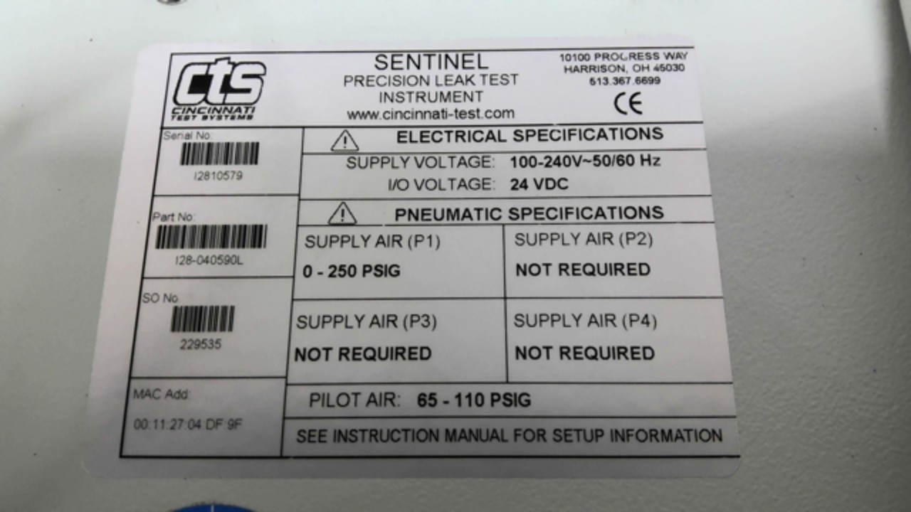 CTS Sentinel I28 I28-040590L Precision Leak Test Instrument 100-240V 50/60HZ