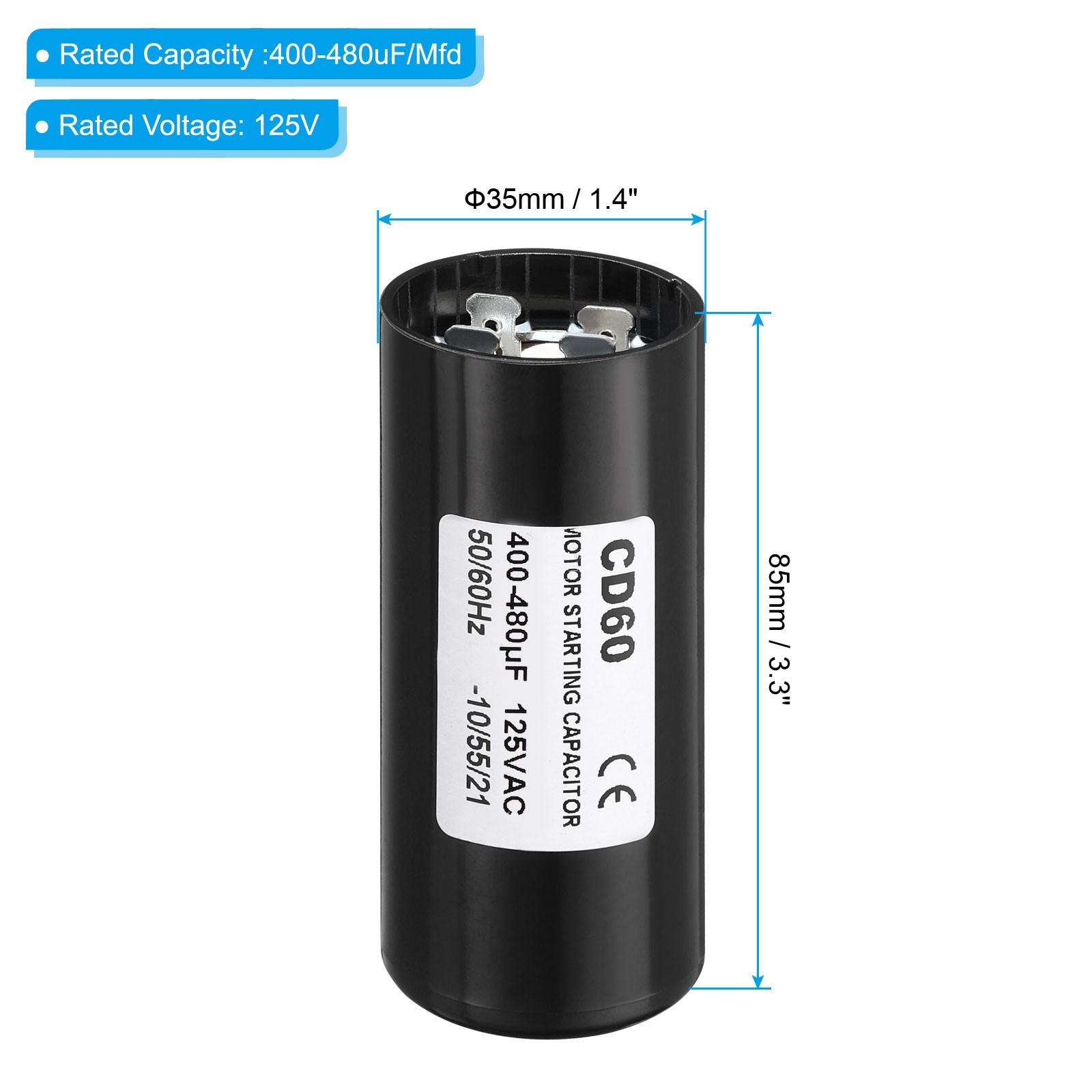 2 Pcs 400-480uF/Mfd 125V 50/60Hz CD60 Motor Running Capacitor for Air Compressor