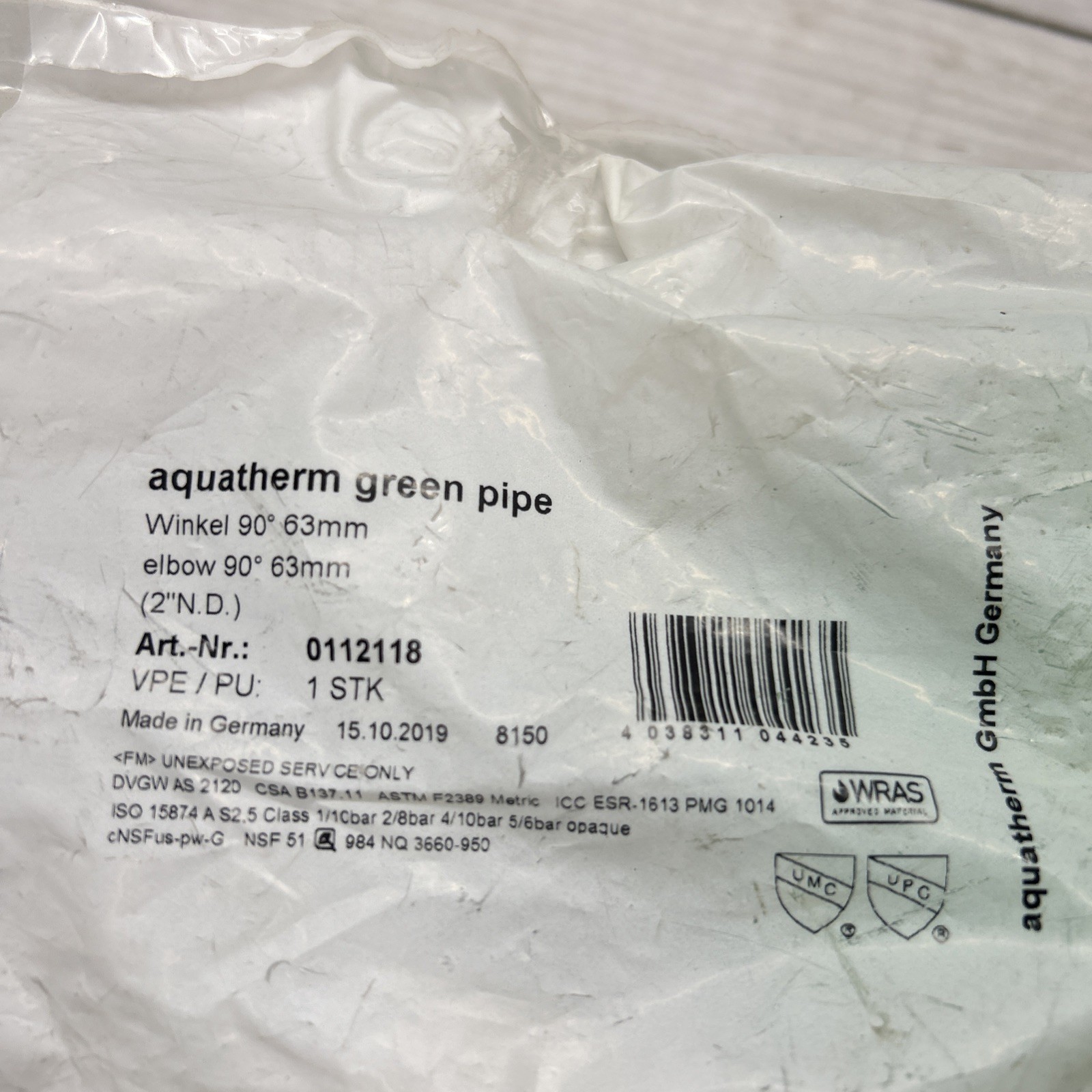 Aquatherm 0112118 Green Pipe 90° Elbow Socket 63mm / 2″ NEW