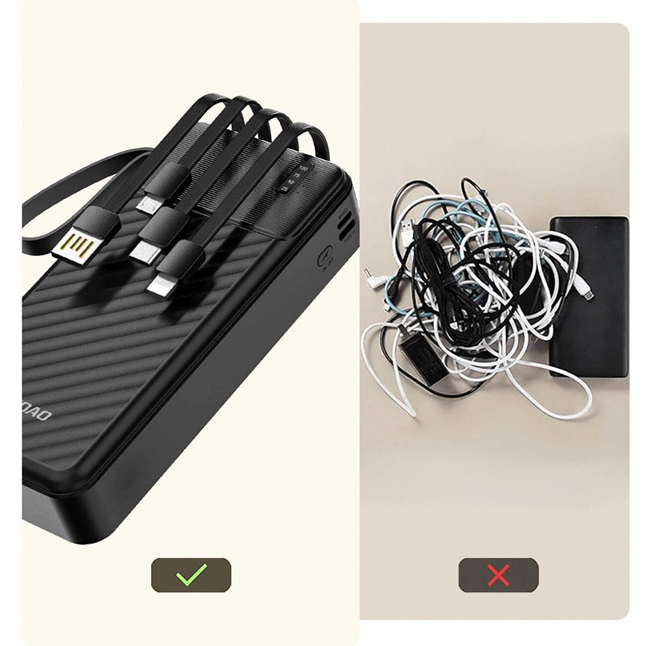 Power Bank 20,000mAh with Built-in USB-C, USB-A & Lightning Cable External A