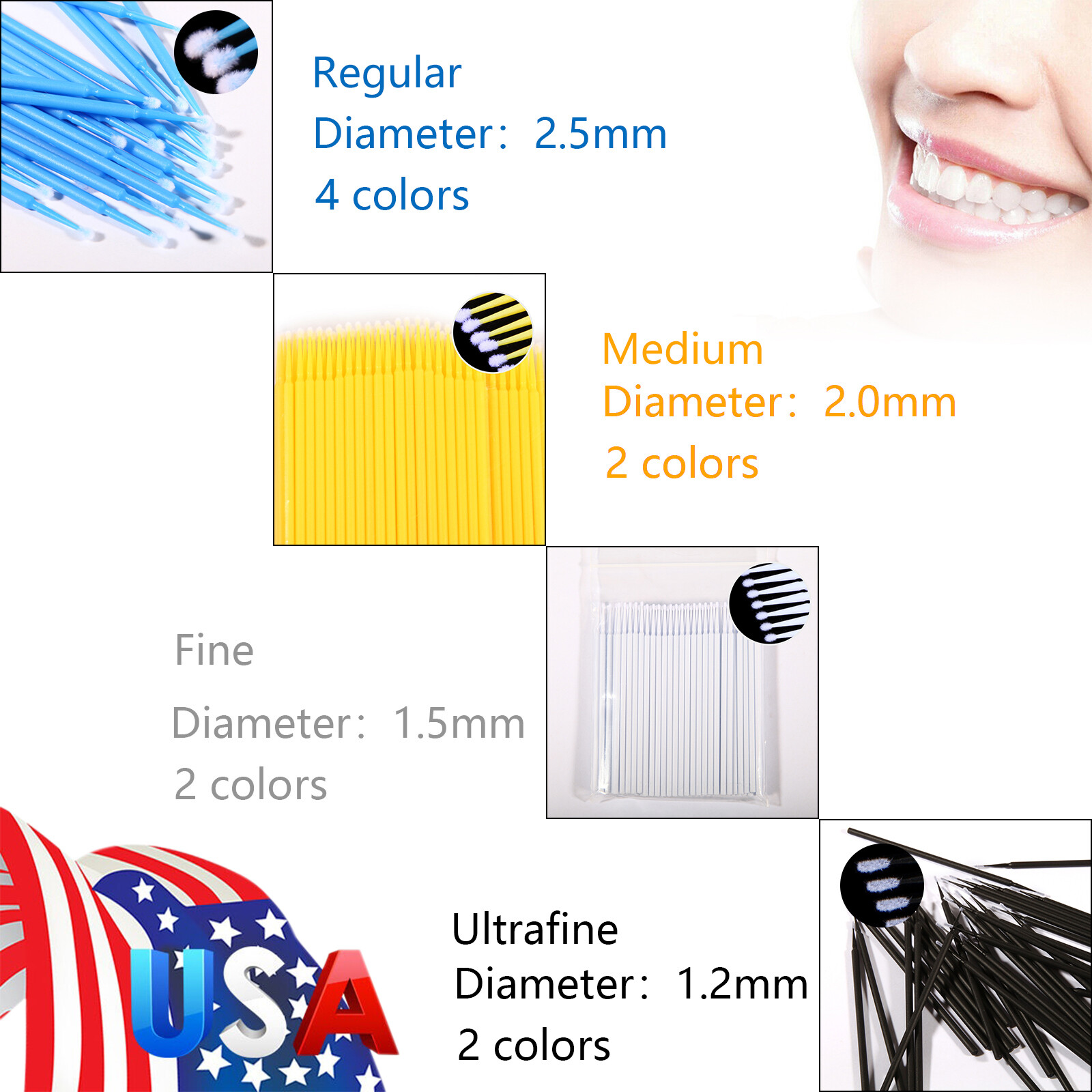 100-1000pcs Dental Disposable Micro Brush Tooth Applicators 1.2/1.5/2.0/2.5mm DL