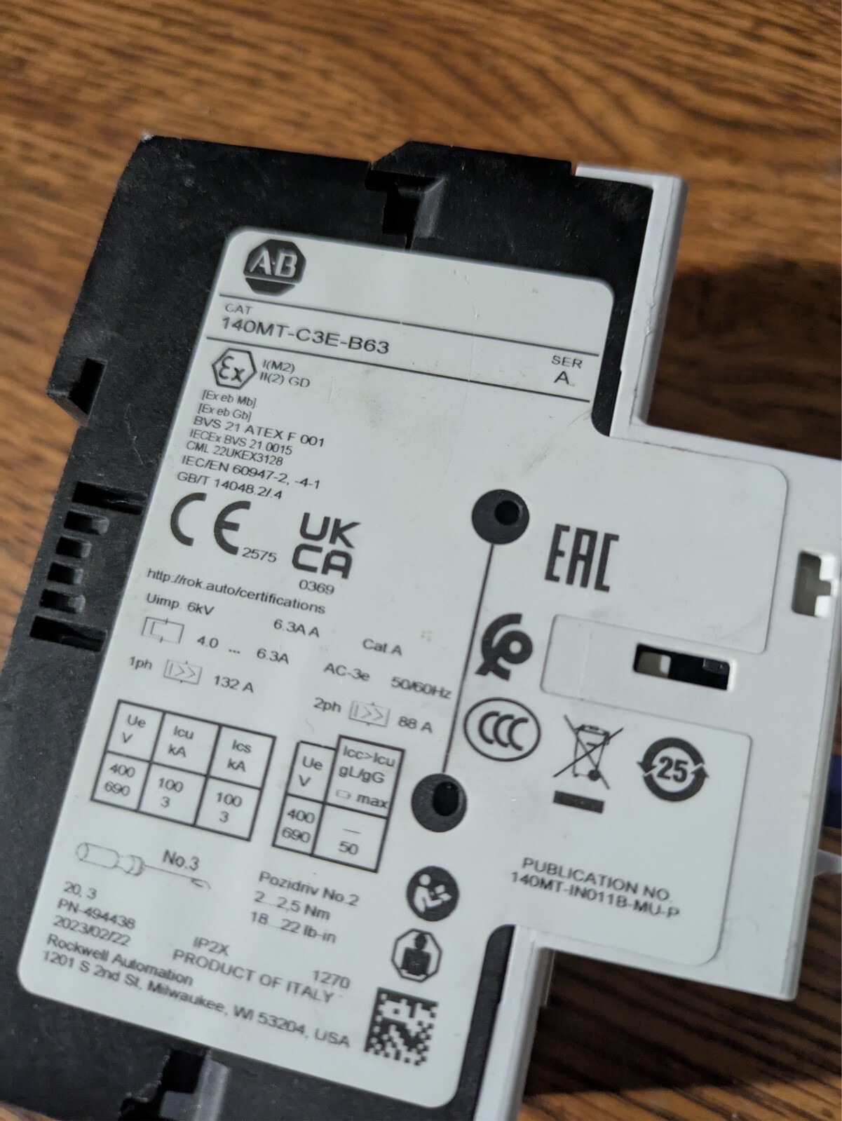 Allen-Bradley 4.0-6.3A 3-Pole Motor Protection Breaker 140MT-C3E-B63 SER. A