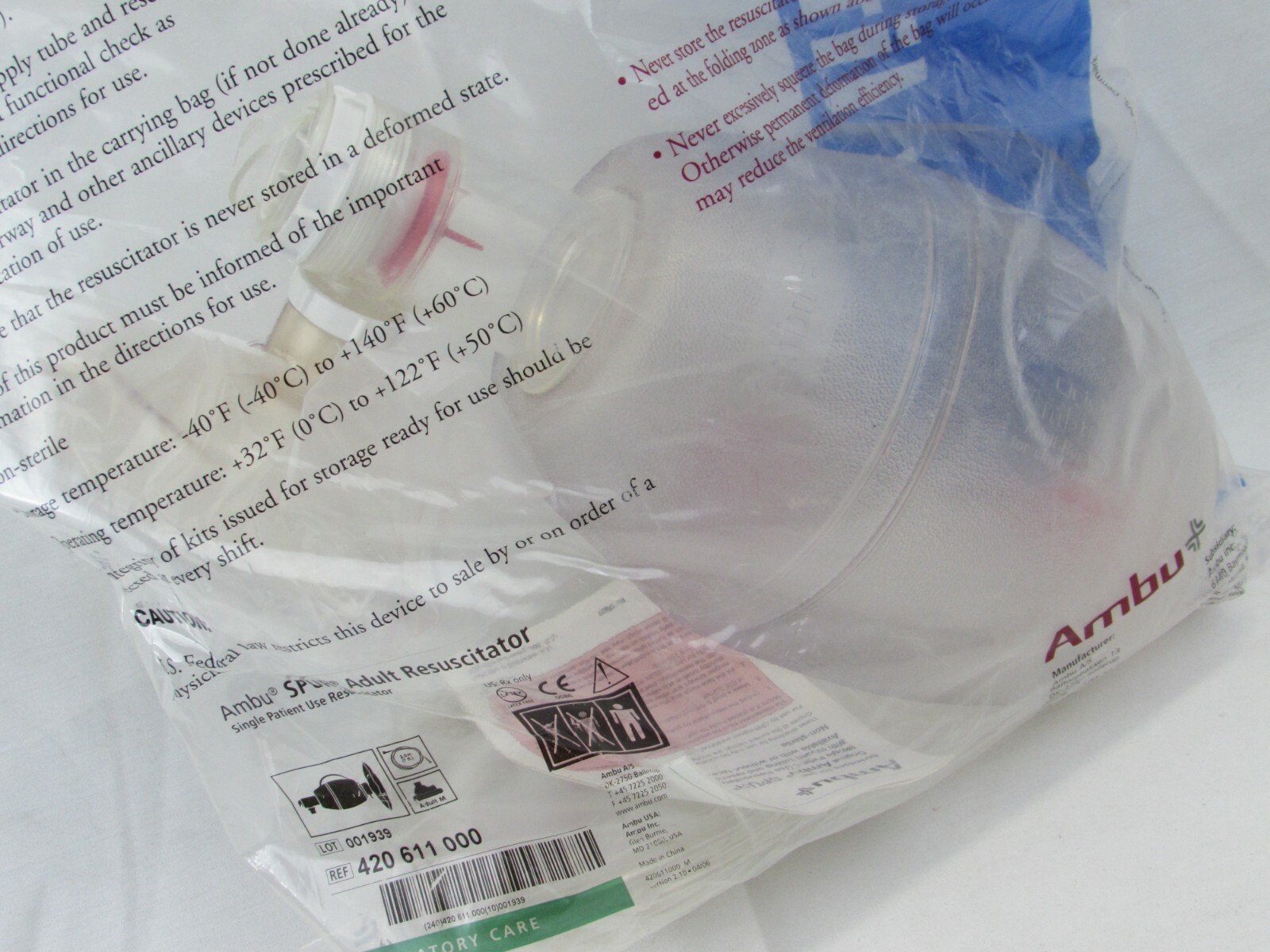 Ambu Spur 420 611 000 SINGLE USE Adult Resuscitator New