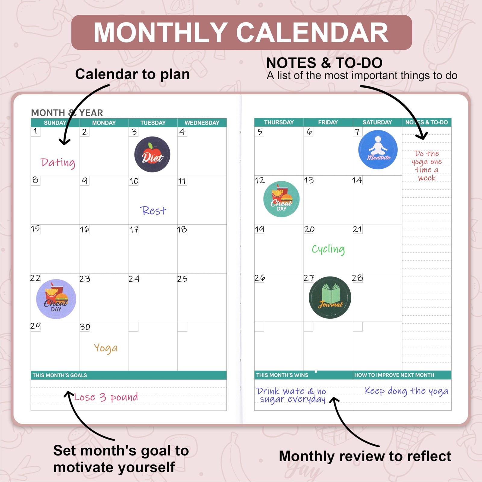 Food Journal 5.8″ x 8.3″ 6 Months Meal Planner for Weight Loss & Diet