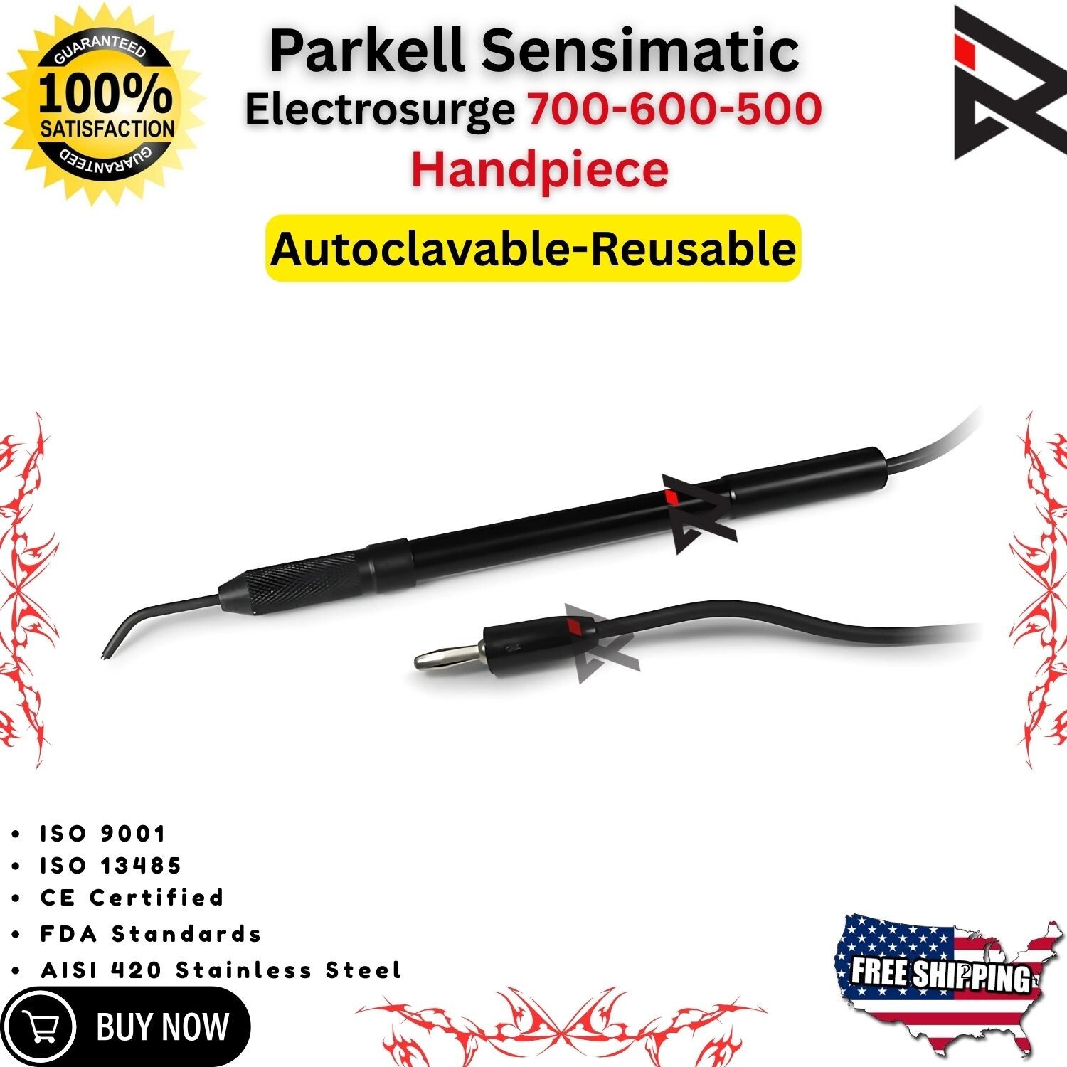 Parkell Sensimatic 500-600-700 Electrosurge Black Handpiece and 7 Pcs Tips CE