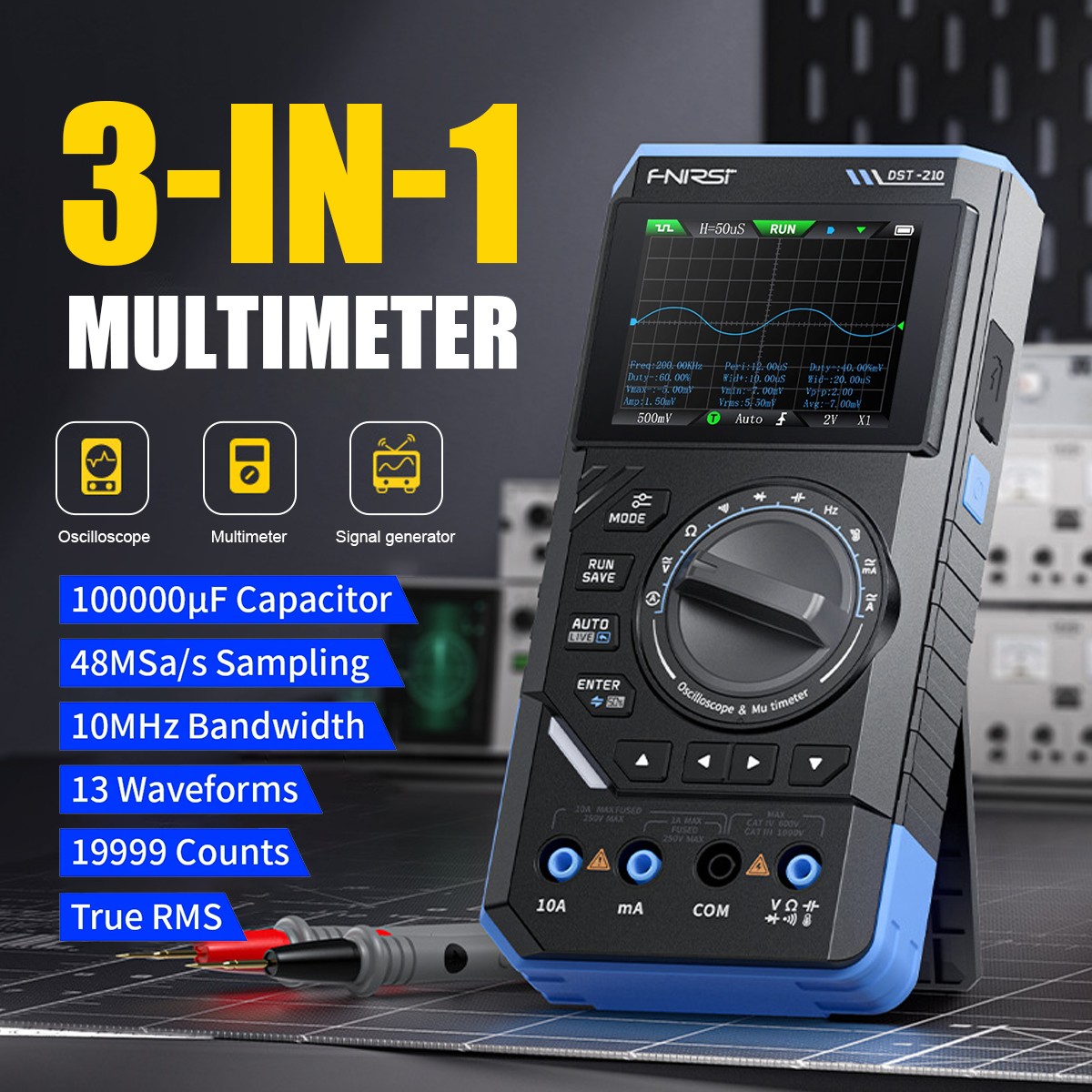 3in1 FNIRSI DST210 Handheld Digital Oscilloscope Multimeter Signal Generator 10M
