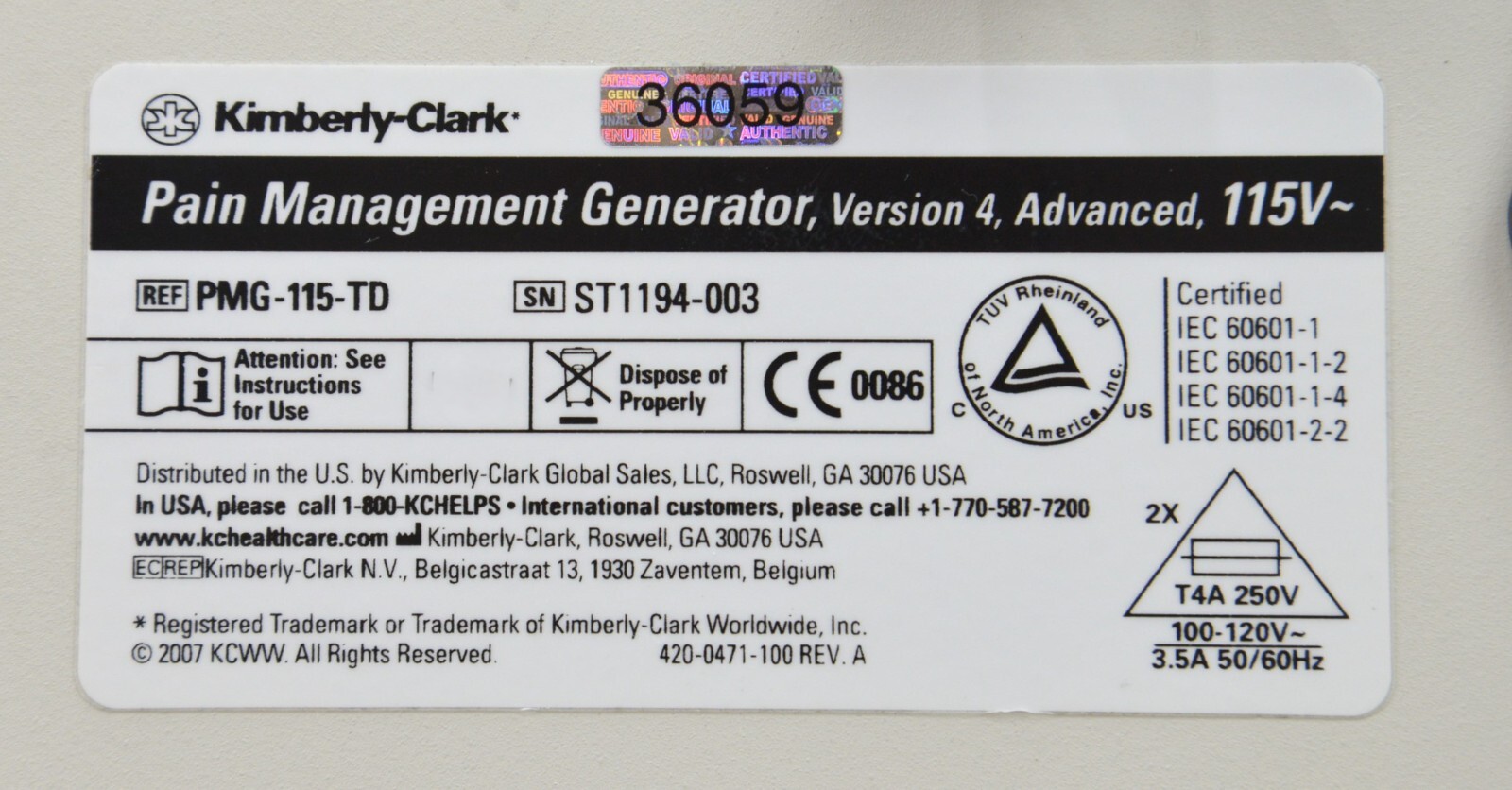 Kimberly-Clark Pain Management Generator PMG-115-TD V4.1.1A