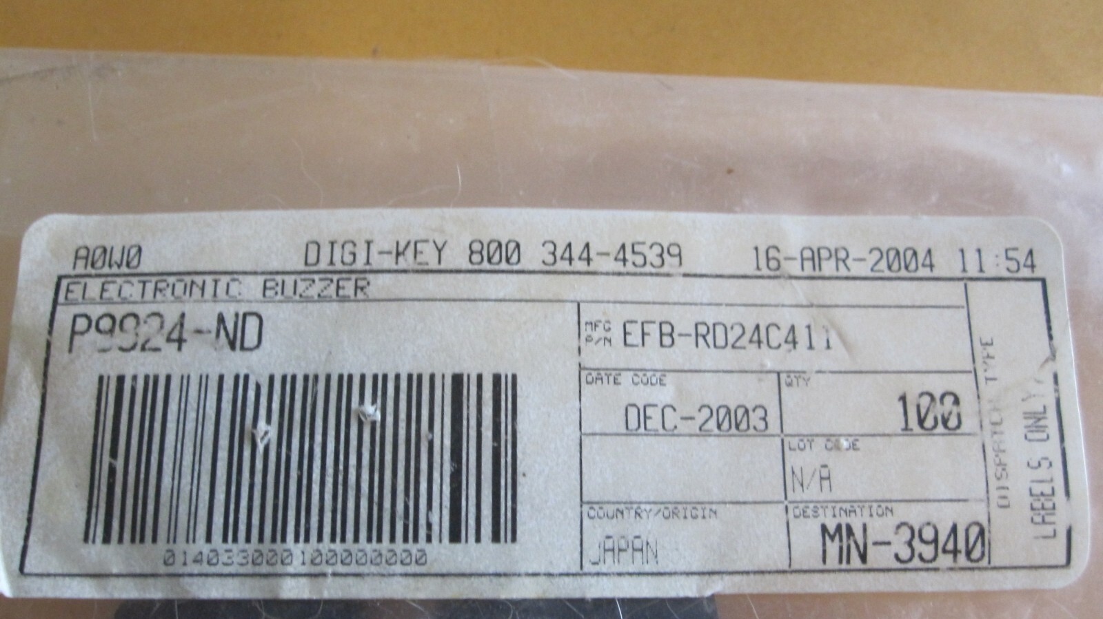 ELECTRONIC BUZZER,EFB-RD24C411 PANASONIC 15VPP 85DB 2-TERM 30V CERAM BUZZER PIEZ