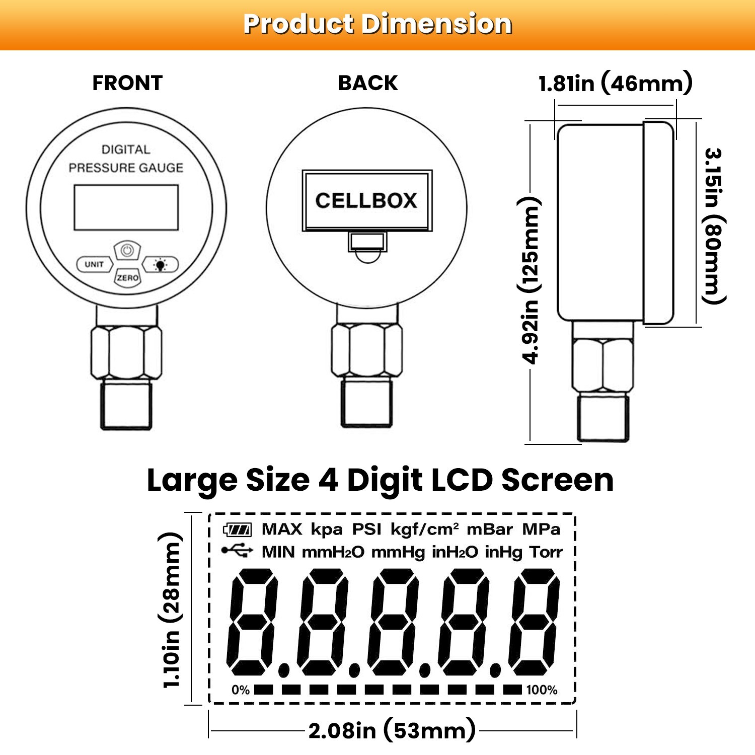 Digital Hydraulic Pressure Gauge Test Coupling Kit 700BAR/10000PSI/70Mpa 1/4-NPT