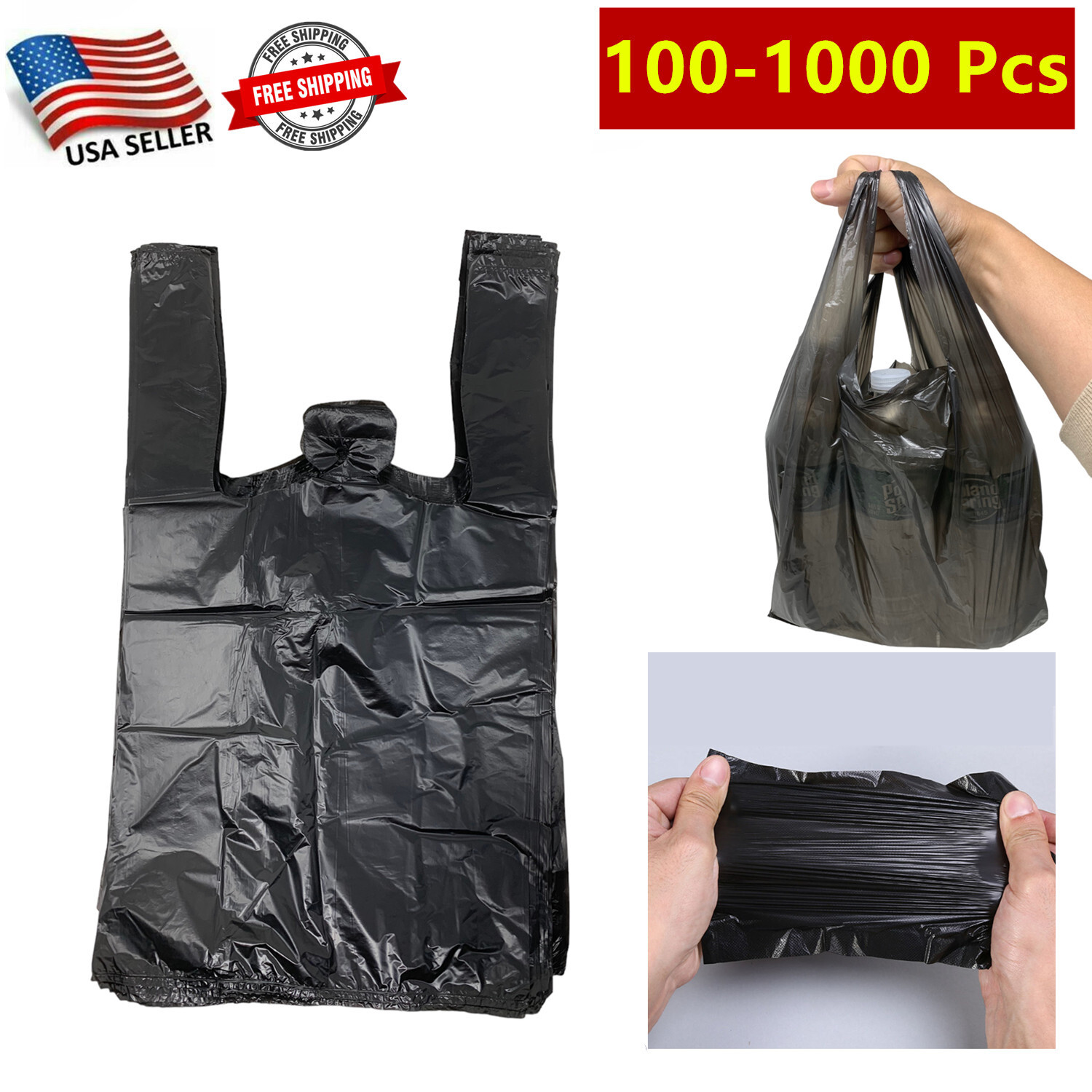 100-1000 Pc Small T-Shirt Bag Black Plastic Carry Out for Shopping 15″x 4″x 8.5″