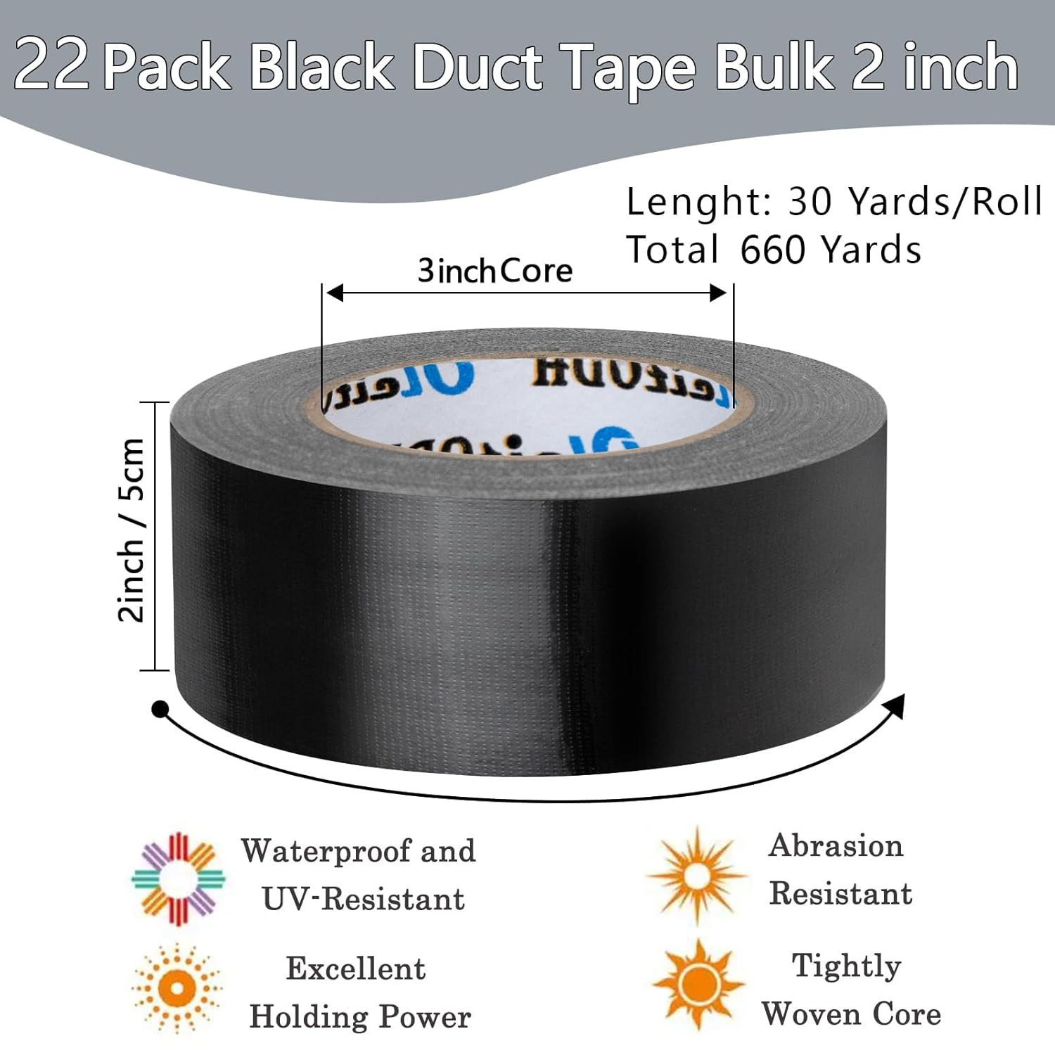 22 Pack Black Duct Tape Bulk, 2 Inch Heavy Duty (Total 660 Yards), Strong No Res