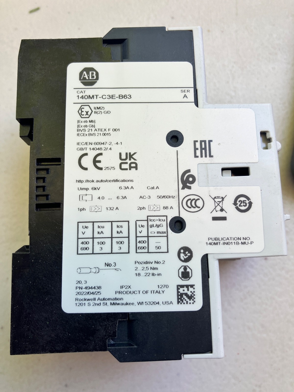 Allen-Bradley 140MT-C3E-B63 Motor Protector Circuit Breaker 4.0 – 6.3A Trip
