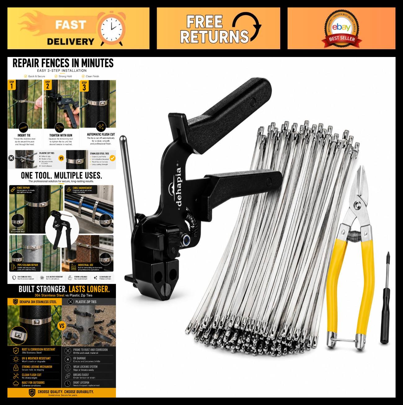 Heavy Duty Stainless Steel Cable Tie Gun Kit – 150 Metal Zip Ties, Tension Tool