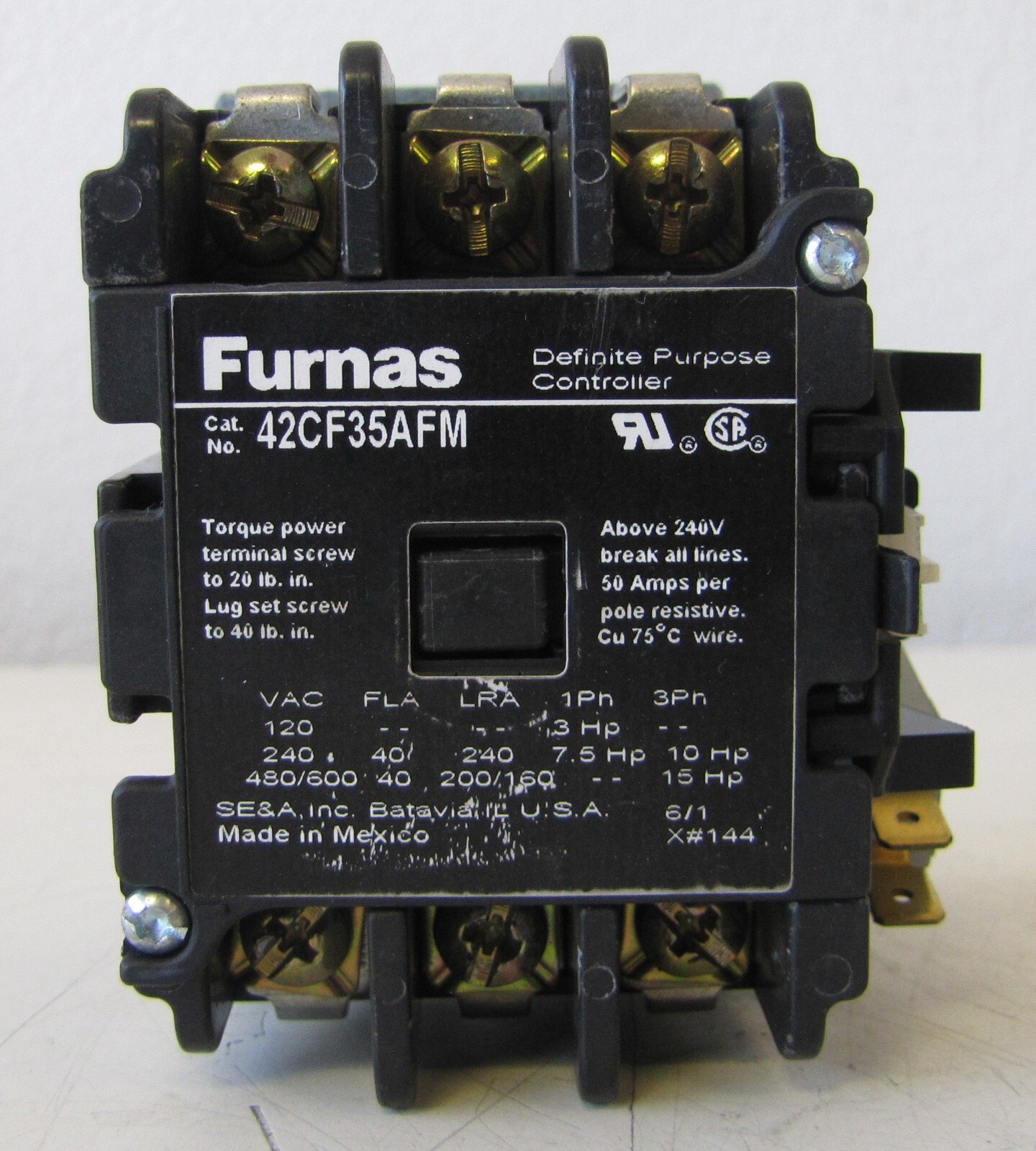 Furnas 42CF35AFM 3 Pole 40 Amp Definite Purpose Controller Contactor with Switch