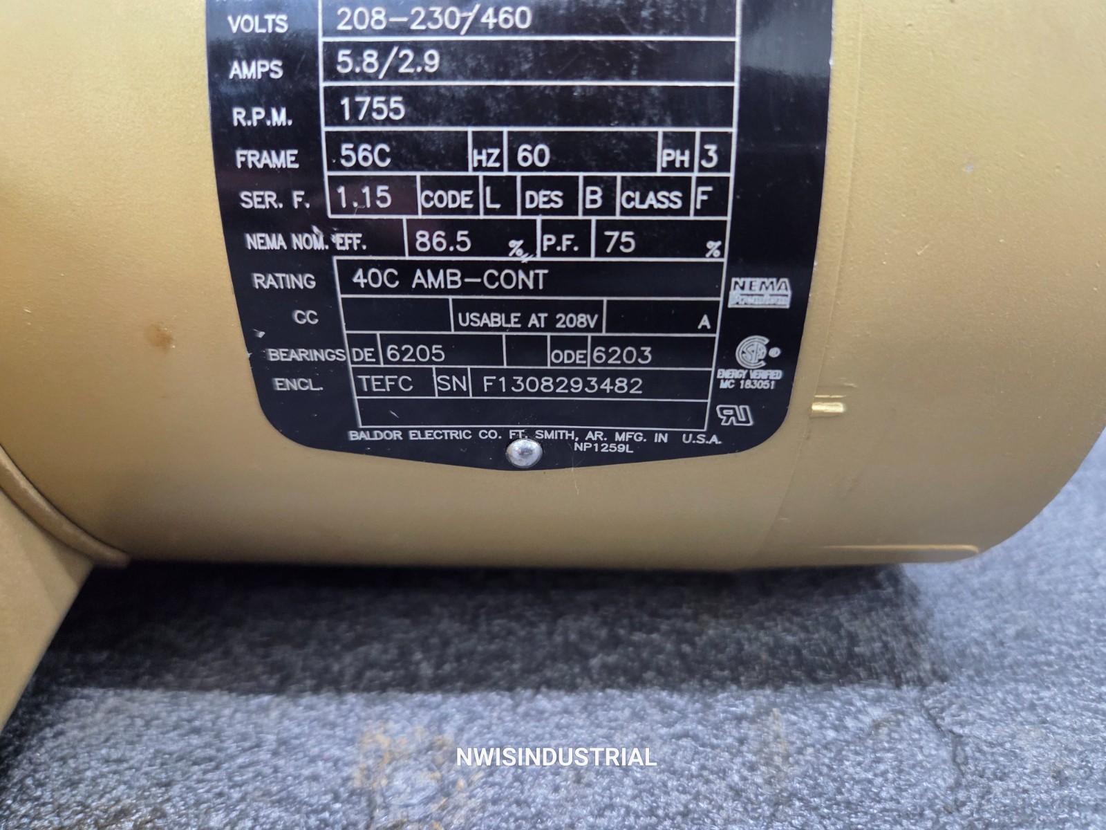 Baldor Brake Motor VEBM3558, 2 HP, 1755 RPM, 3PH, 208-230/460V, 56C