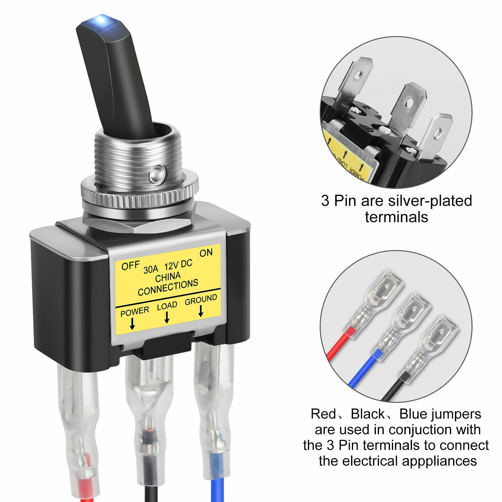 3Pcs 12V 30A Blue LED Light Toggle Rocker ON/OFF Switch 3Pin Marine Car Boat ATV