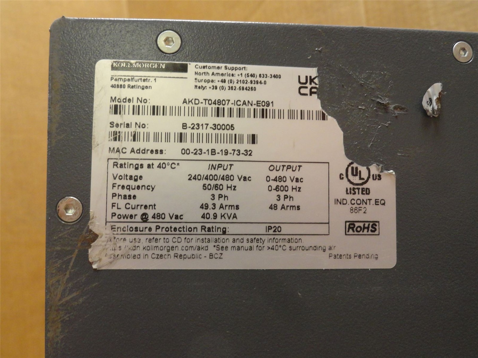 245733 Old-Stock; Kollmorgen AKD-T04807-ICAN-E091 Servo Drive 240-480VAC 3PH In