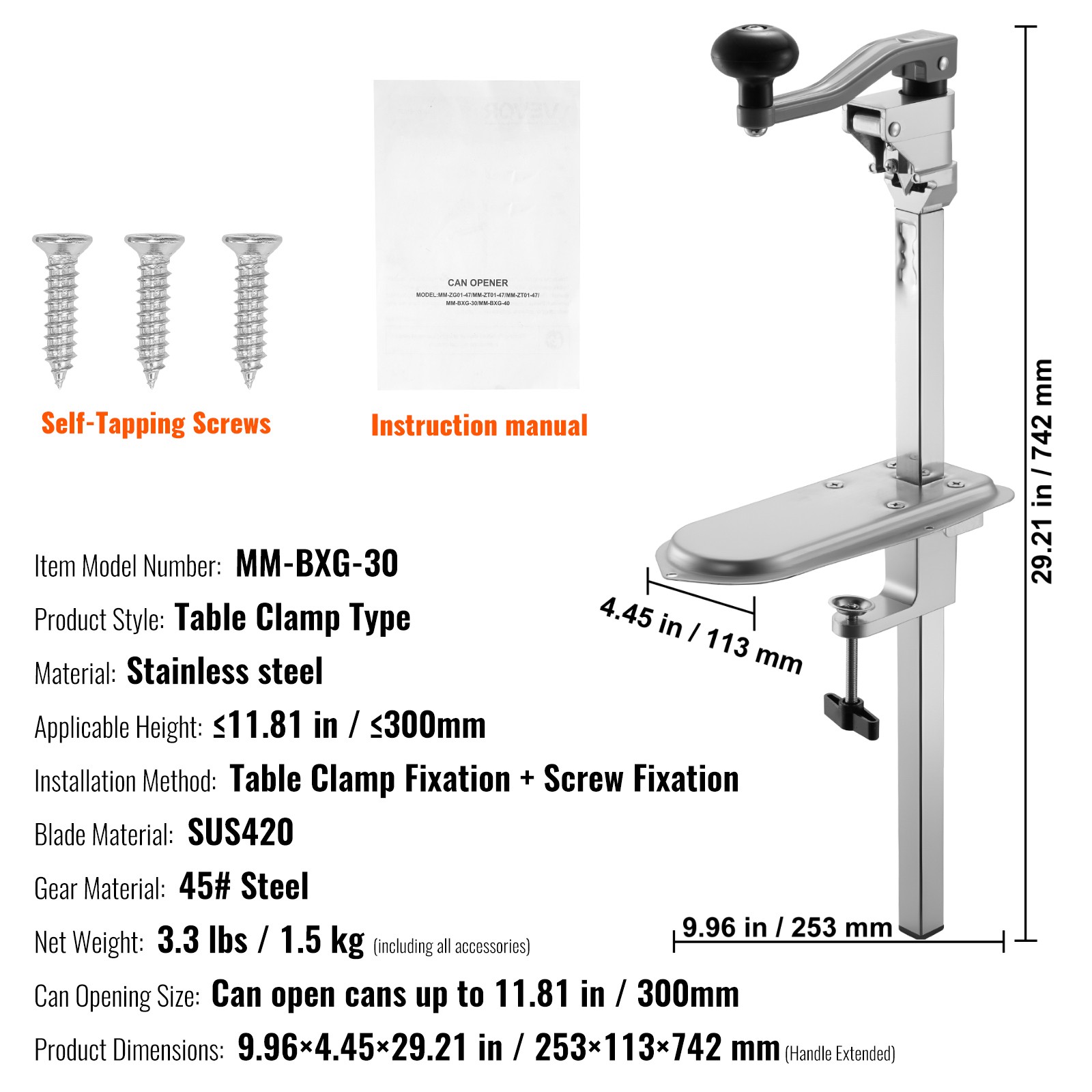 Uimoso Commercial Manual Can Opener with Table Clamp 11.8-inch Heavy Duty Design