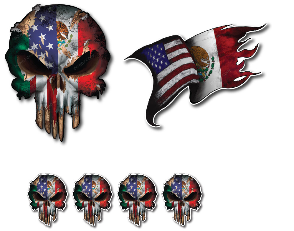 Mexican American Mexico USA Flag Skull Vinyl Decal Window Sticker Car Truck 3M