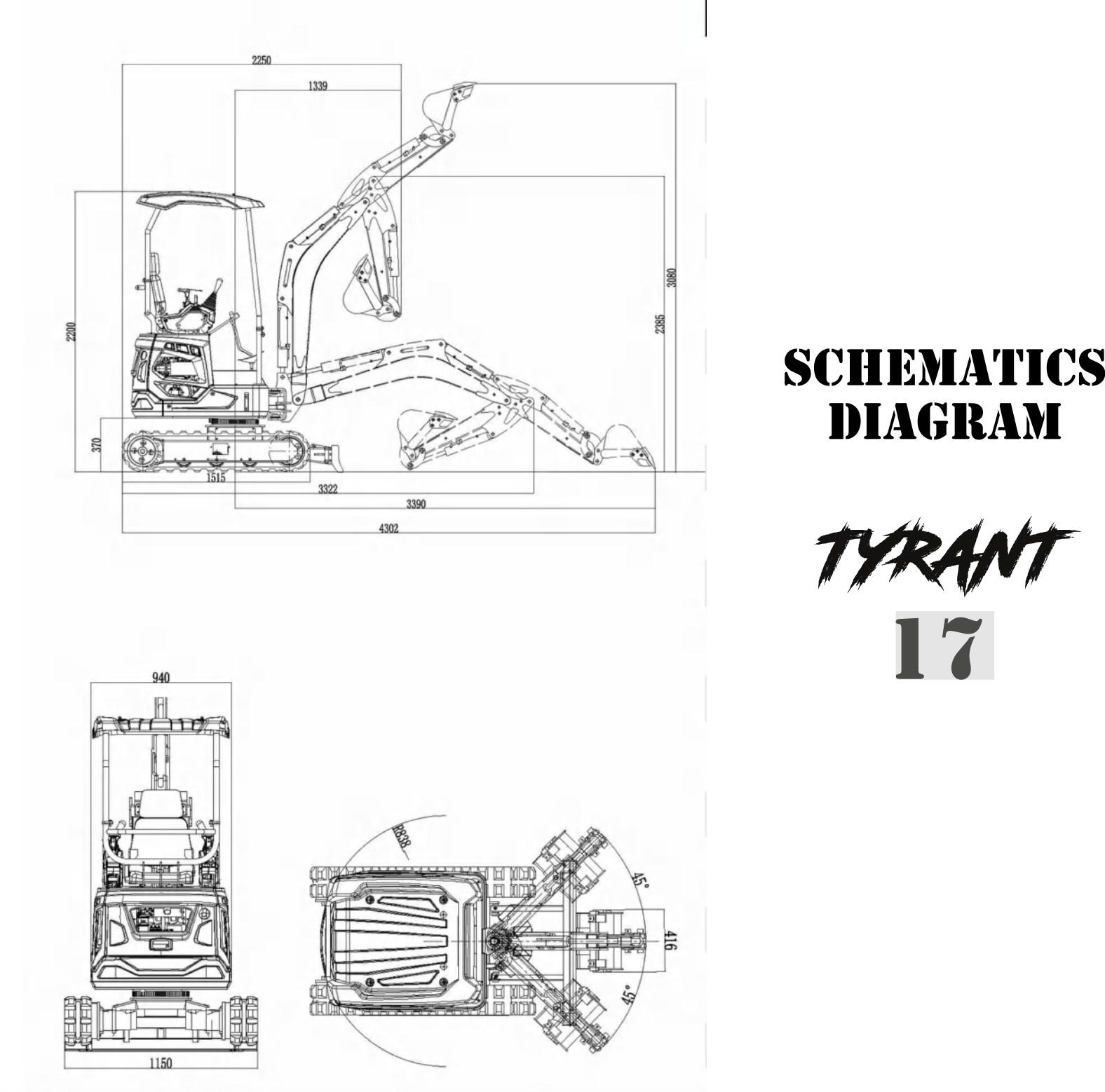 TYRANT 17 Mini Excavator Kubota D902 Engine Side Swing with 12 attachments