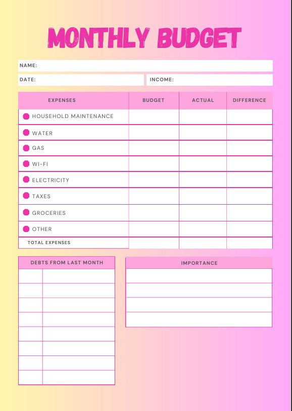 A4 Digital Monthly Budget Planner Fillable Printable Download PDF-Digital File