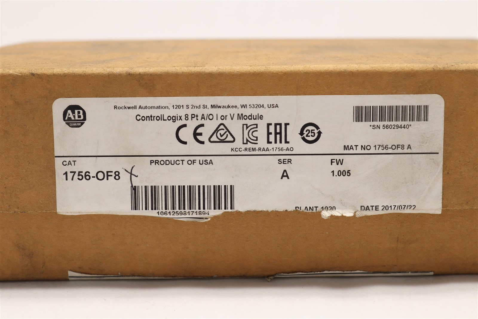 ALLEN BRADLEY CONTROLLOGIX ANALOG OUTPUT MODULE SER.A 1756-OF8