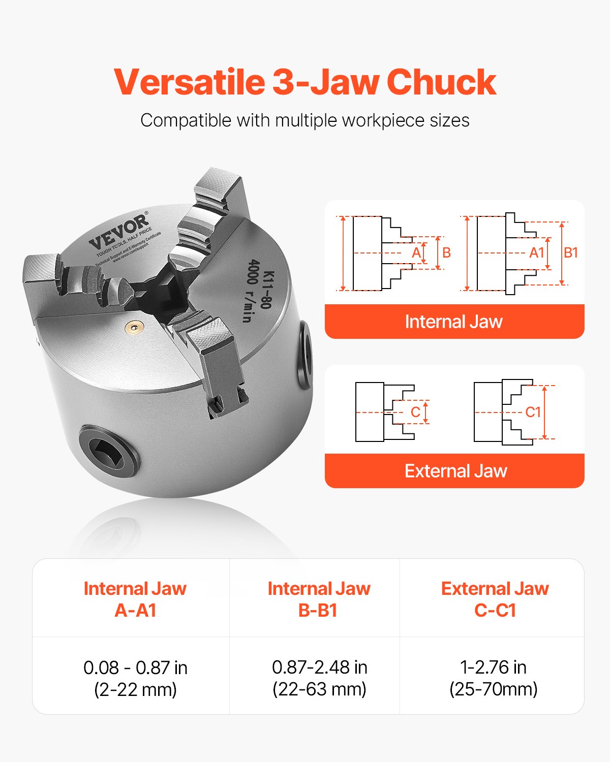 VEVOR 3 Inch 3-Jaw Self-Centering Lathe Chuck for Drilling Milling Machine 3D