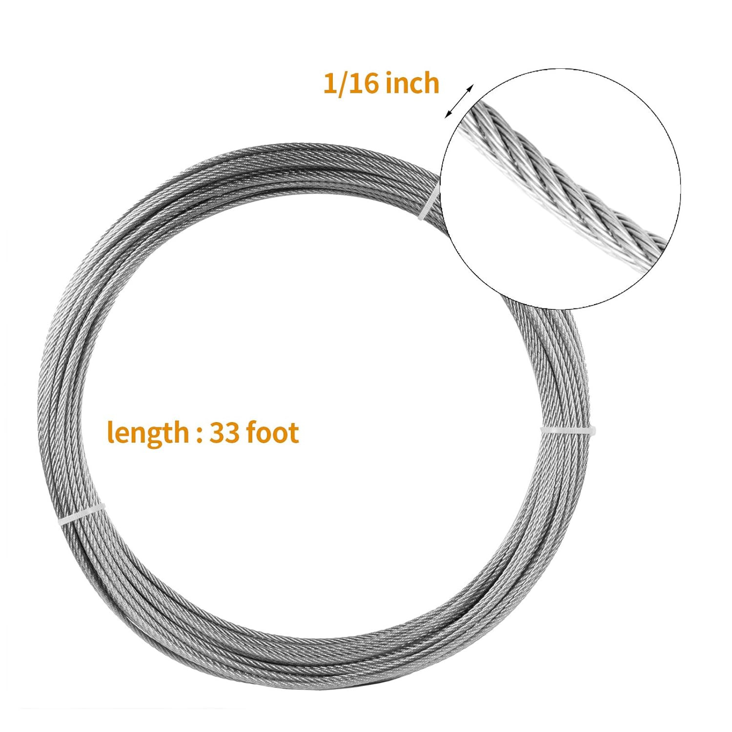 1/16 inch Stainless Steel 304 Aircraft Cable Wire Rope Marine Grade, 33 FT Lengt