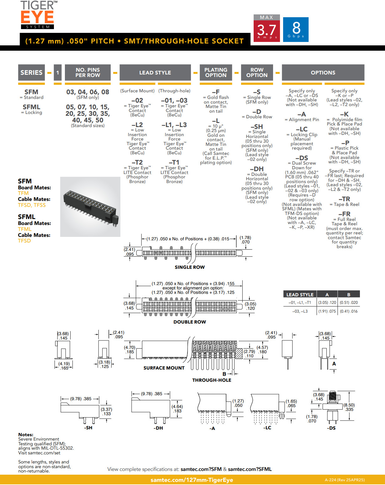 8X SFM-150-01S-D Samtec 100 Position Socket Strip Double Row 0.05in 1.27mm Pitch