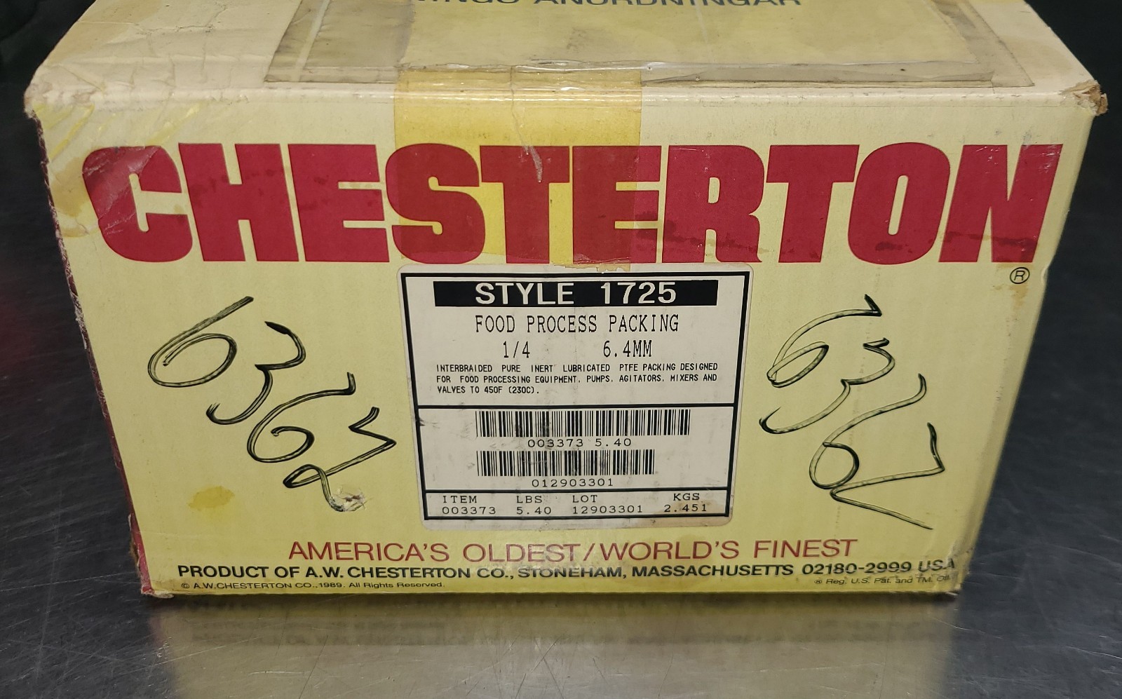 Chesterton 003373 1725 Food Process Packing, 5lb, 92ft, 1/4″, 6.4mm