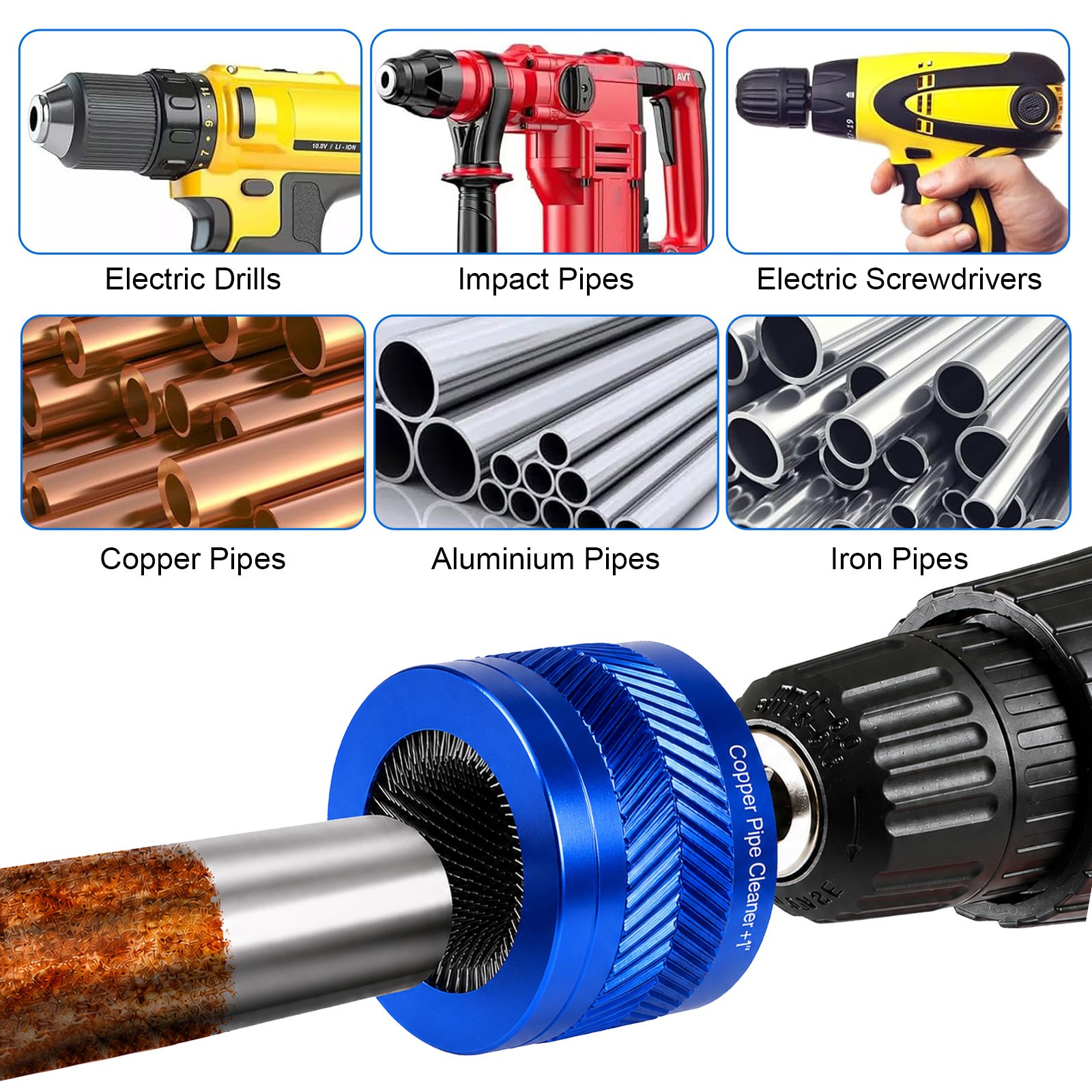 9PCS Copper Pipe Cleaner for Drill Set 1/2″ 3/4″ 1″ Plumbing Cleaning Brush Kit