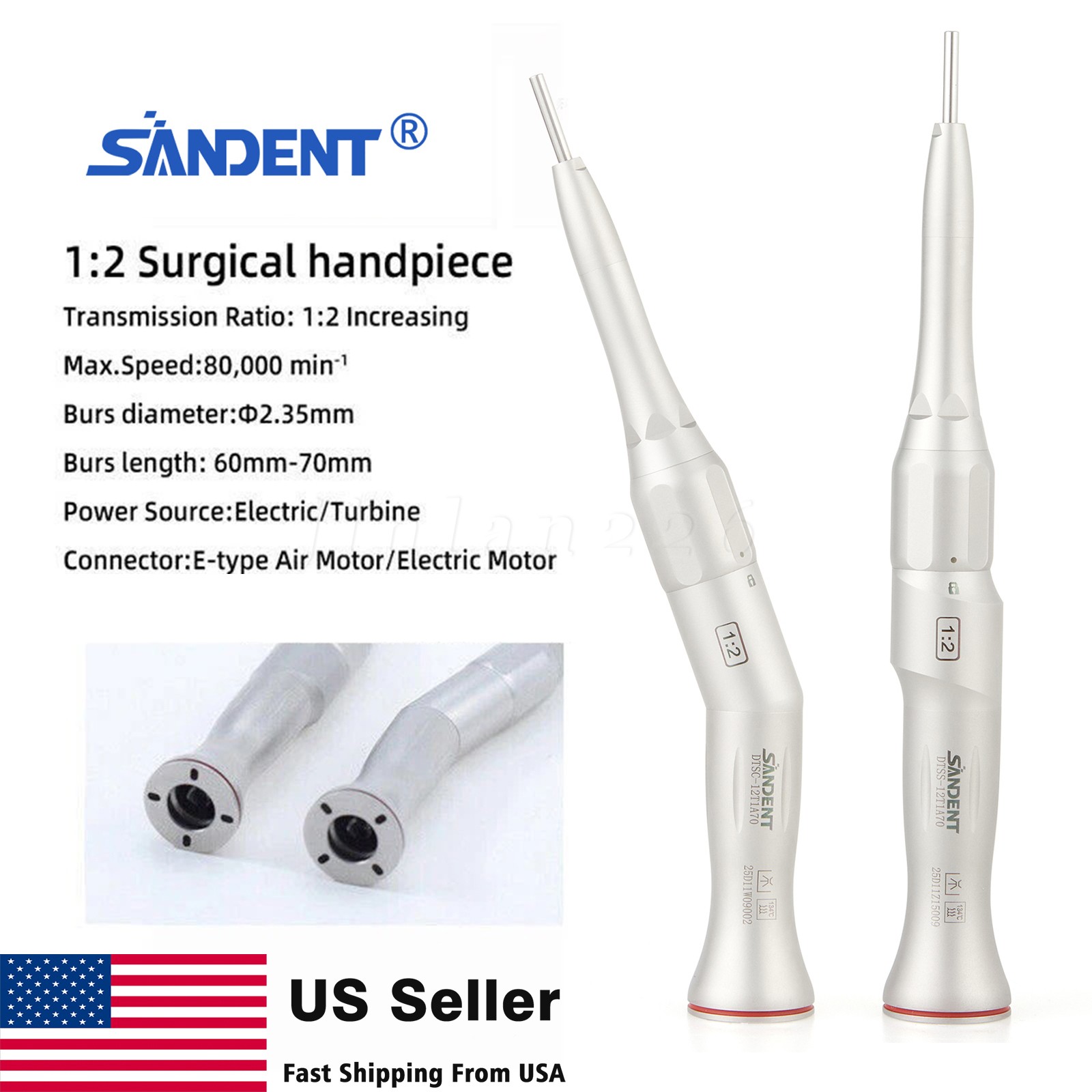 Dental 1:2 Surgical 20º Contra Angle/Straight Handpiece Fit 45mm/70mm