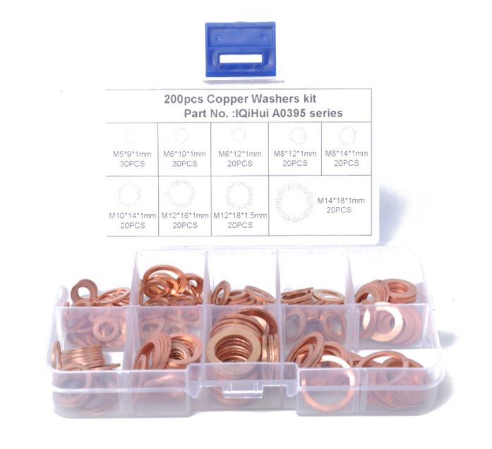 200PCS Solid Copper Crush Washer Gasket Set Flat O-Ring Seal Assortment Kits US