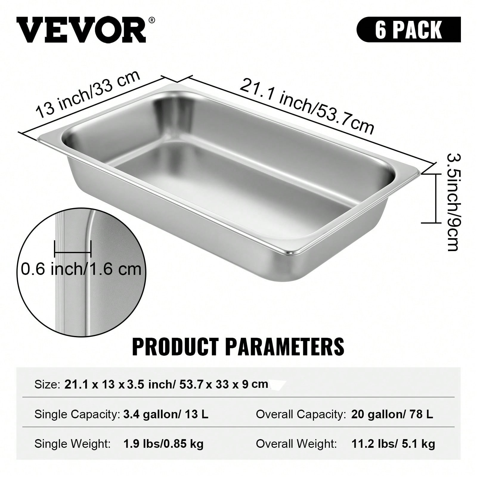 6Pcs Commercial Full Size Pans 2.5in 4in & 6in Stainless Steel Hotel Pan 0.8mm