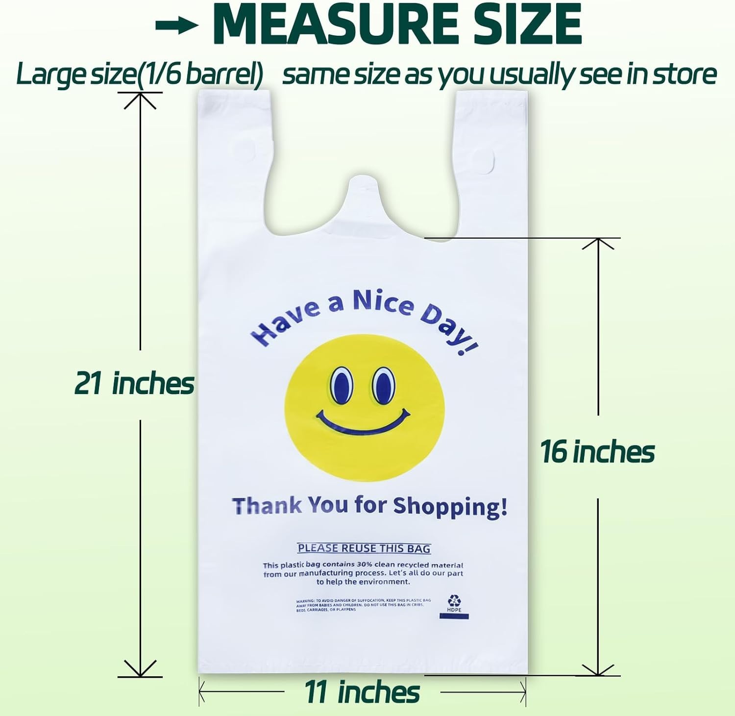 100 White Heavy Duty Thank You Plastic T-Shirt Shopping Bags, 0.8 Mil 11x6x21″