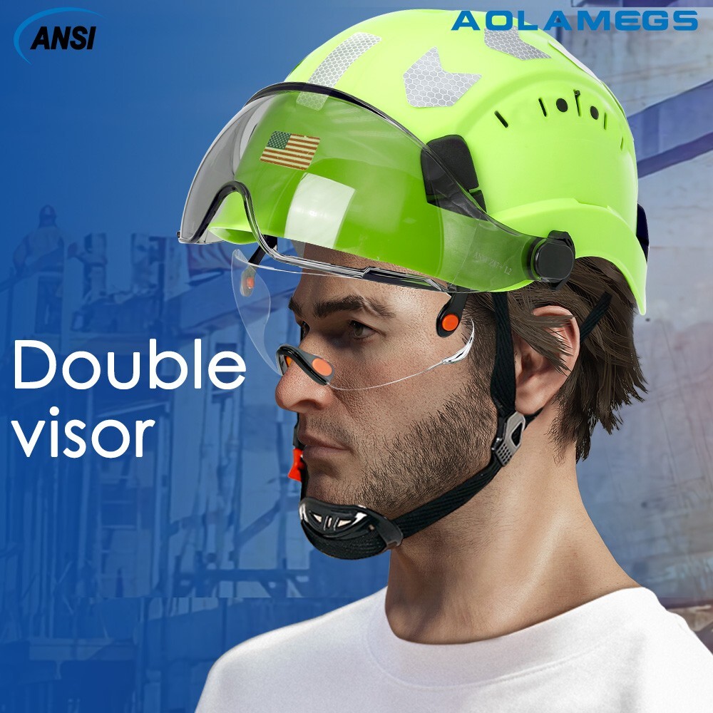 CE Construction Safety Helmet With Visor Built In Goggles Earmuffs ANSI Hard Hat