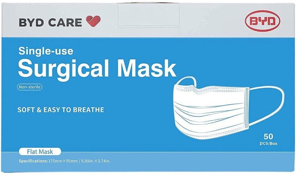 4x Boxes 200pcs BYD CARE Surgical Face Flat Mask Disposable Single Use 50 pcs ea