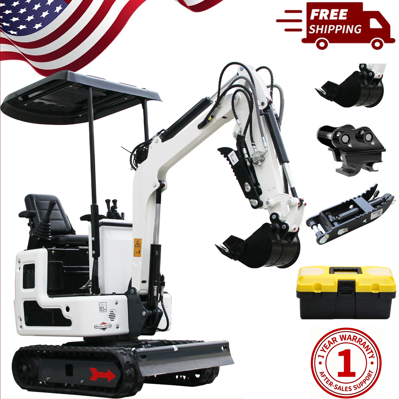 1 Ton Mini Excavator B&S Engine, Hydraulic thumb, Pilot system, Free Shipping