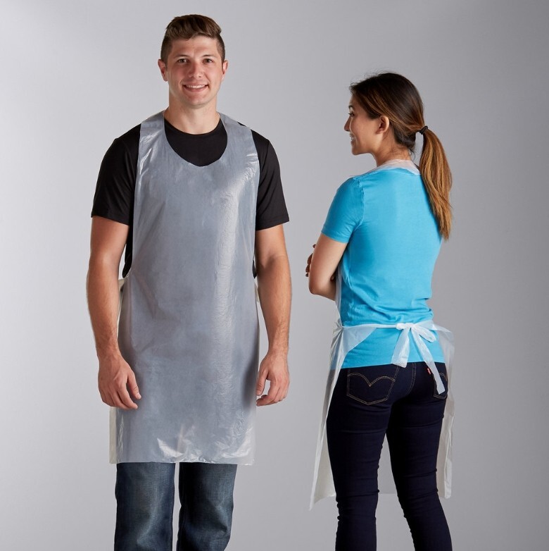 100-1000 Hvy Weight White or Blue Full Bib 46L x 28W Disposable Poly Apron 1mil